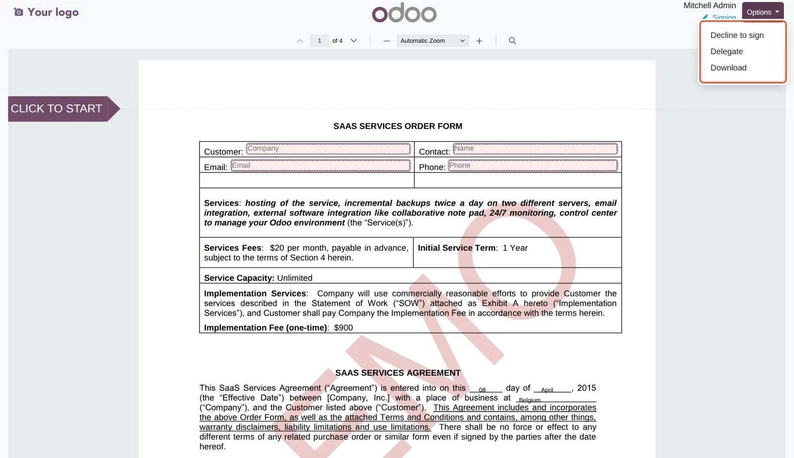 Odoo 20 Sign mode options menu: The signer's Options menu, showing Decline to sign, Delegate and Download.