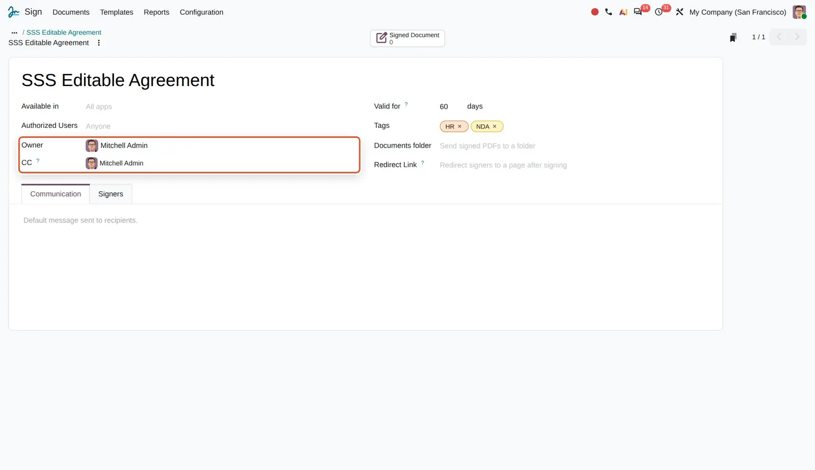 Odoo 20 Sign templates: Owner and CC fields on the template configuration.