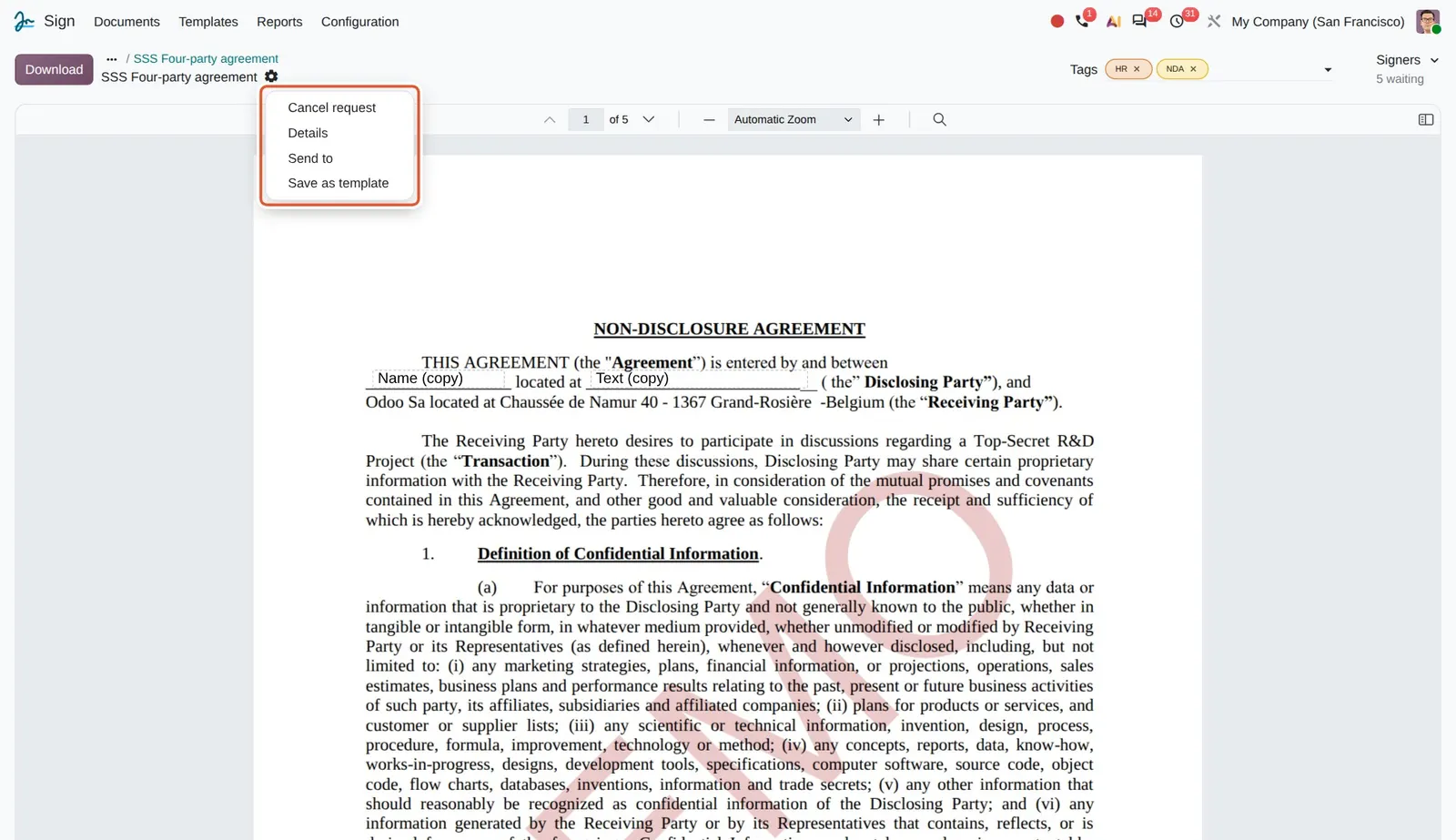 Odoo 20 Sign templates: A sent request offers Send to and Save as template.
