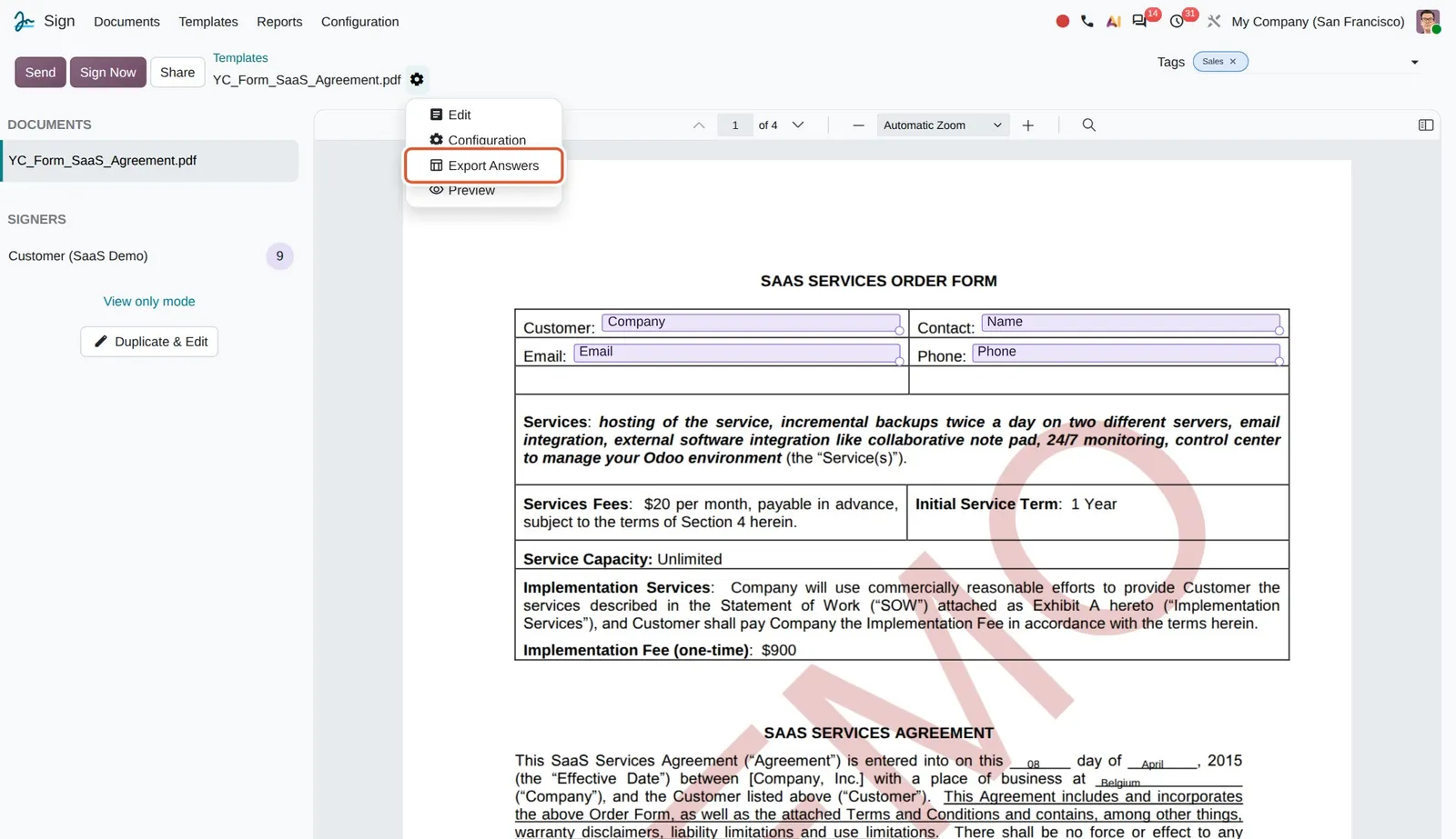 Odoo 20 Sign templates: Export Answers creates a spreadsheet with all signer answers.