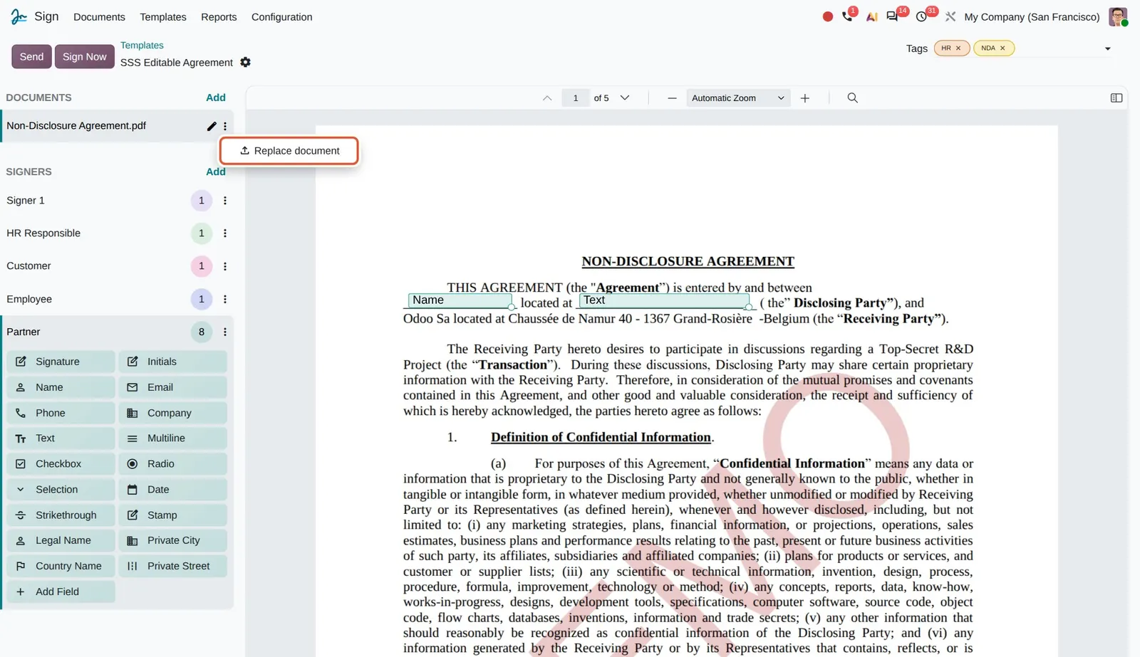 Odoo 20 Sign templates: Replace document swaps the PDF and keeps the placed fields.