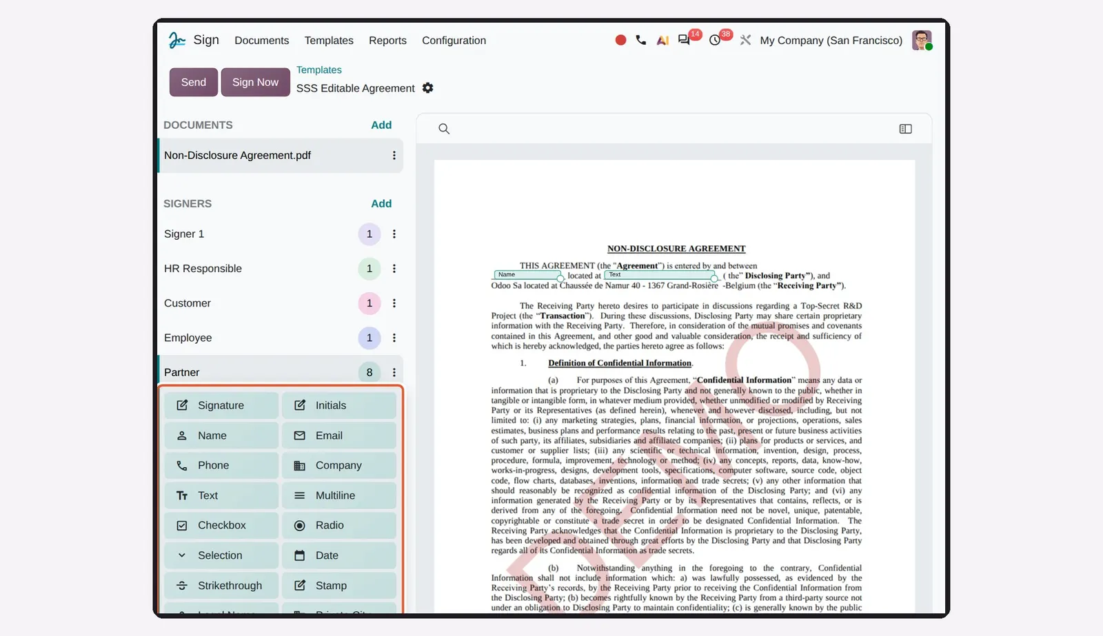Odoo 20 Touchscreen support: The template editor on a touch tablet; the boxed field list is where fields are dragged from.
