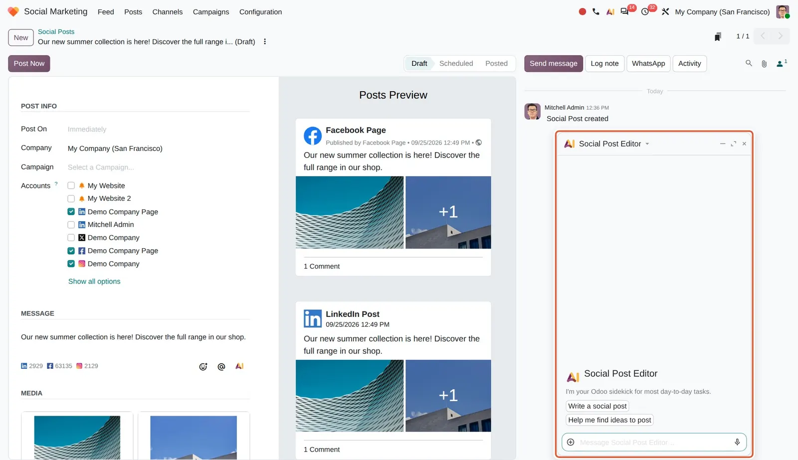 Odoo 20 AI assistant: Clicking the new AI button of the message field opens the Social Post Editor chat with prompts to write a post or find post ideas.