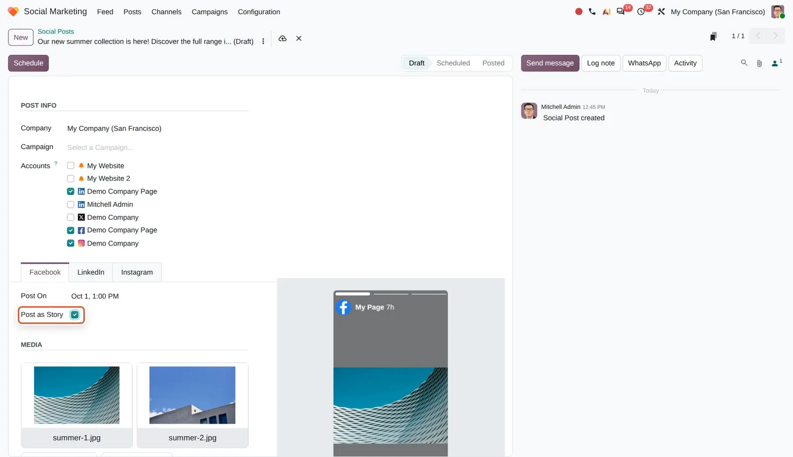 Odoo 20 Facebook and Instagram stories: The new Post as Story checkbox on the Facebook tab; once ticked, the preview on the right shows the post as a story.