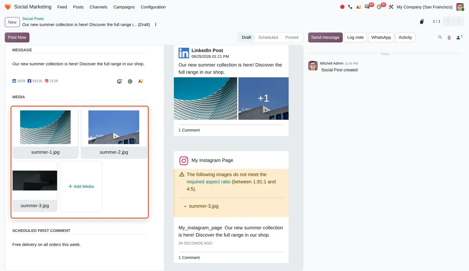 Odoo 20 Image display order: The Media section now shows each image as a sortable card (summer-1, summer-2, summer-3); dragging the cards sets the order used when posting.