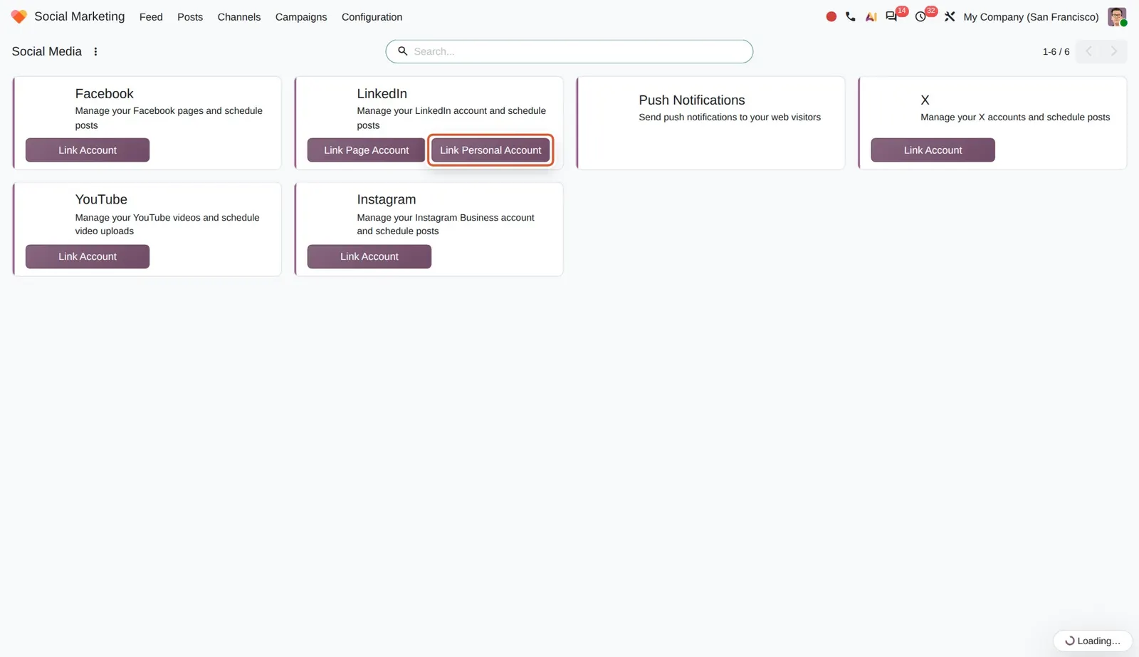 Odoo 20 Personal LinkedIn account: The LinkedIn card now offers a separate Link Personal Account button next to Link Page Account.