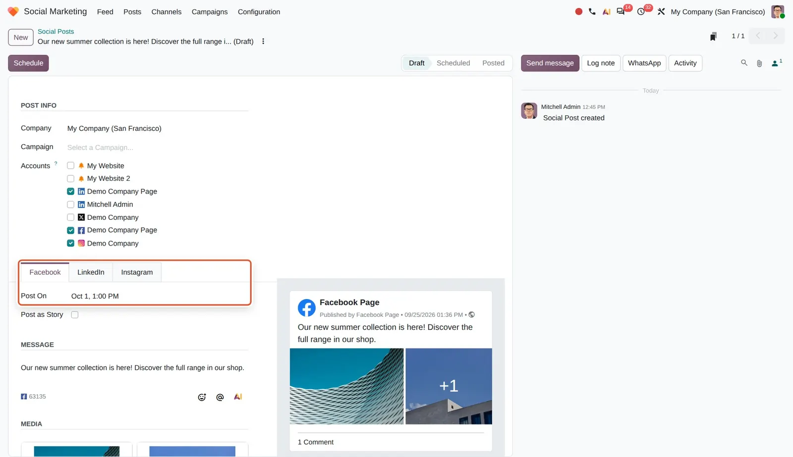 Odoo 20 Platform-specific post scheduling: Each network tab now has its own Post On field: here Facebook is planned for Oct 1 at 1:00 PM while the LinkedIn and Instagram tabs hold other dates.