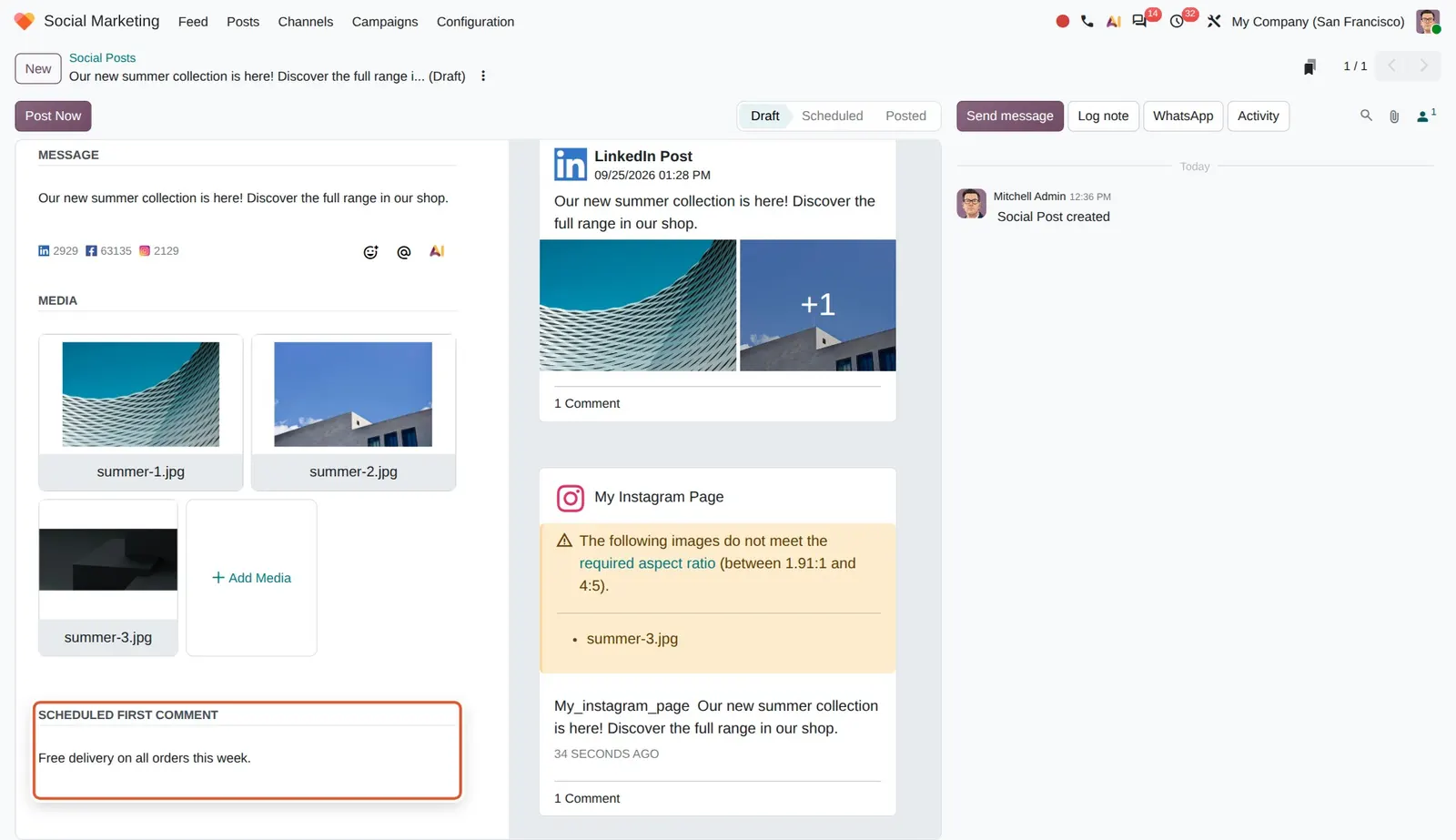 Odoo 20 Schedule first comment: The new Scheduled first comment field below Media; the previews on the right count it as 1 Comment.