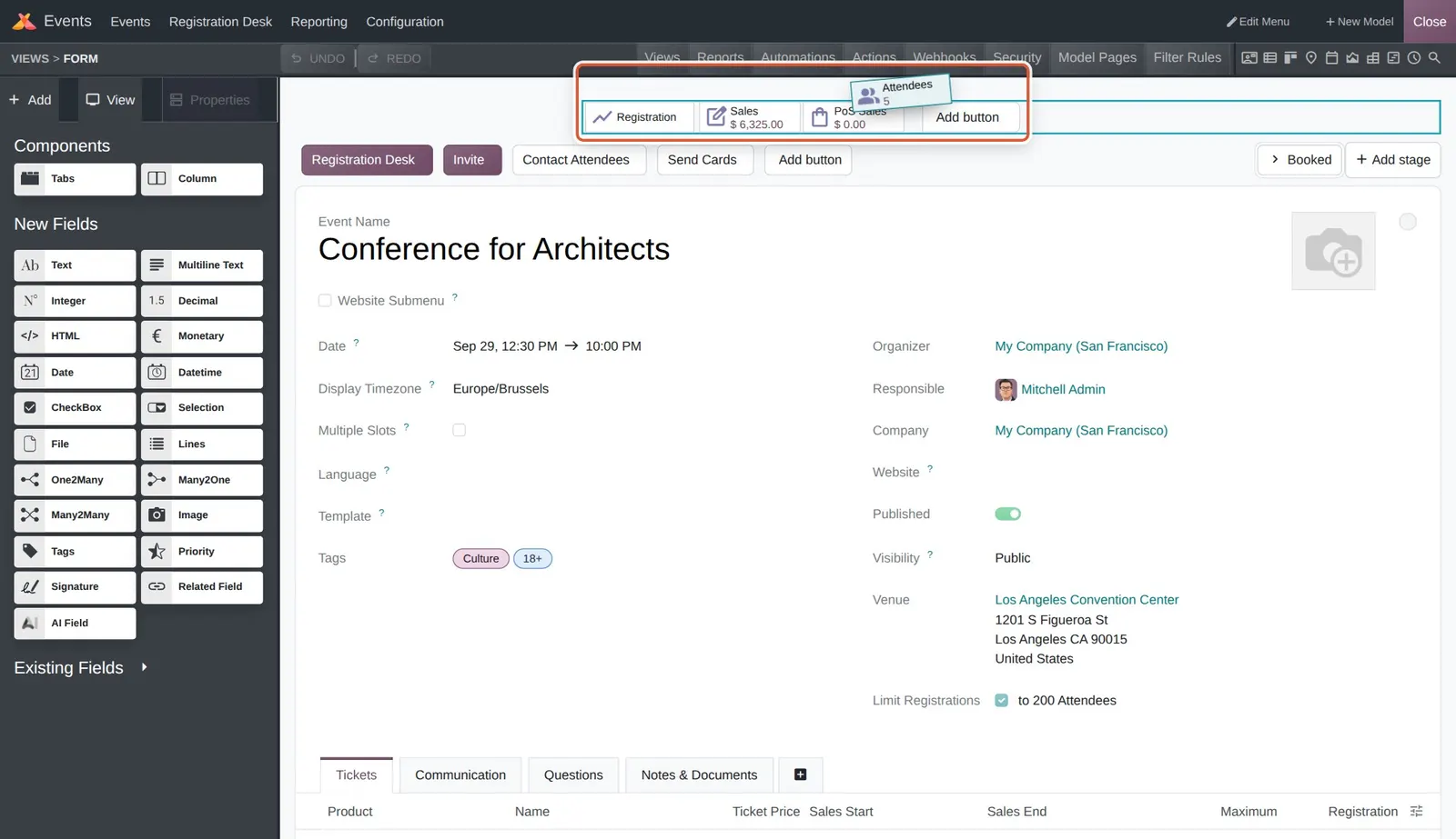 Odoo 20 Form view customization: Dragging the Attendees smart button to a new position among the Registration, Sales and PoS Sales smart buttons on the Event form.