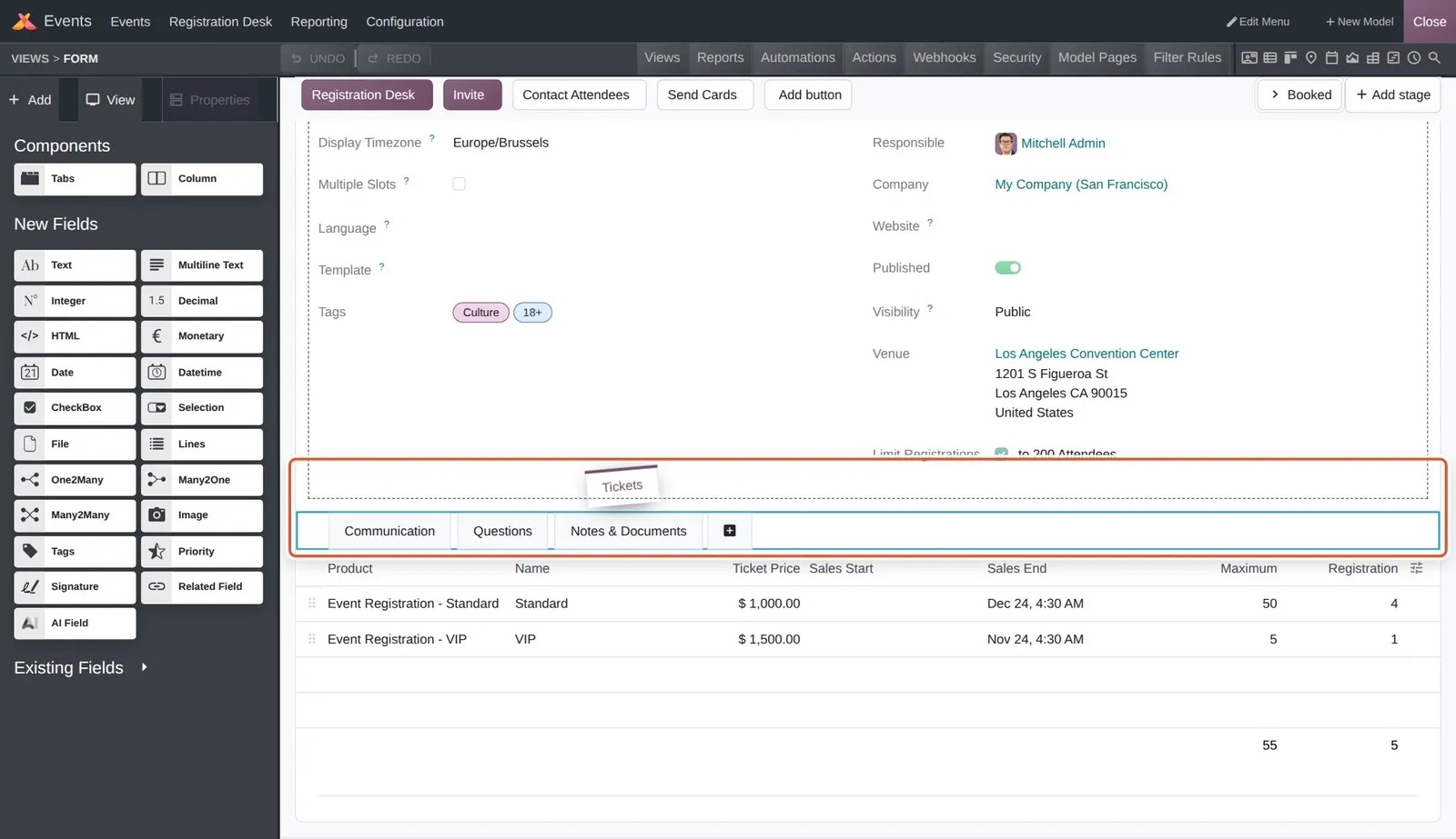 Odoo 20 Form view customization: Dragging the Tickets tab to a new position among the Communication, Questions and Notes & Documents tabs.
