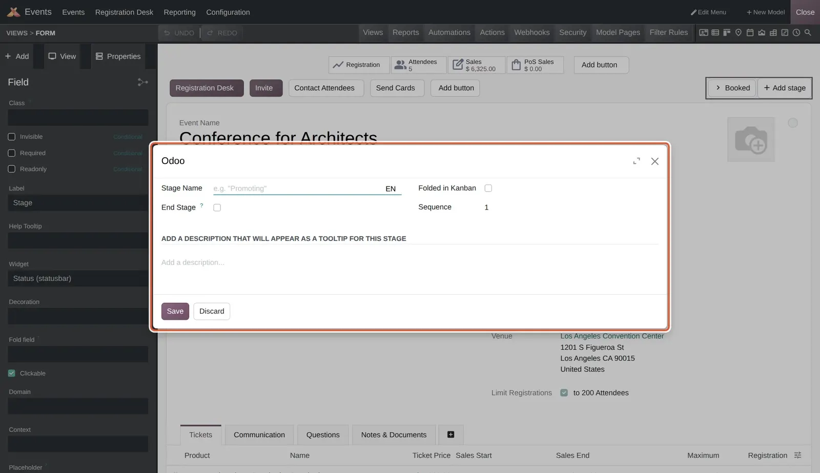 Odoo 20 Kanban stage cutomization: Clicking Add Stage on the Event form's status bar opens a dialog to create a new stage without leaving the form.