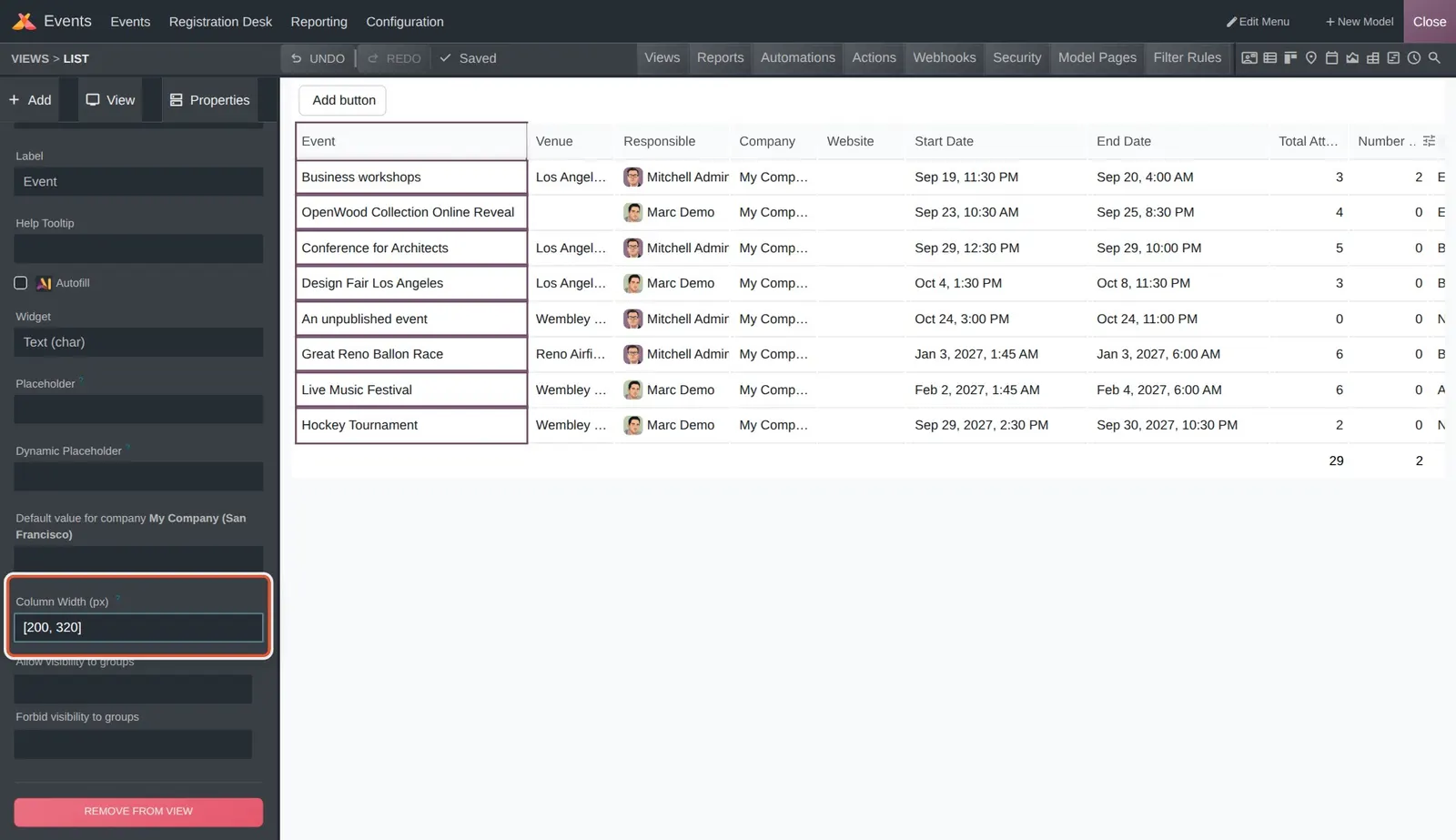 Odoo 20 List view column width: The Event column's new Column Width (px) property, set here to a minimum of 200 and a maximum of 320 pixels.