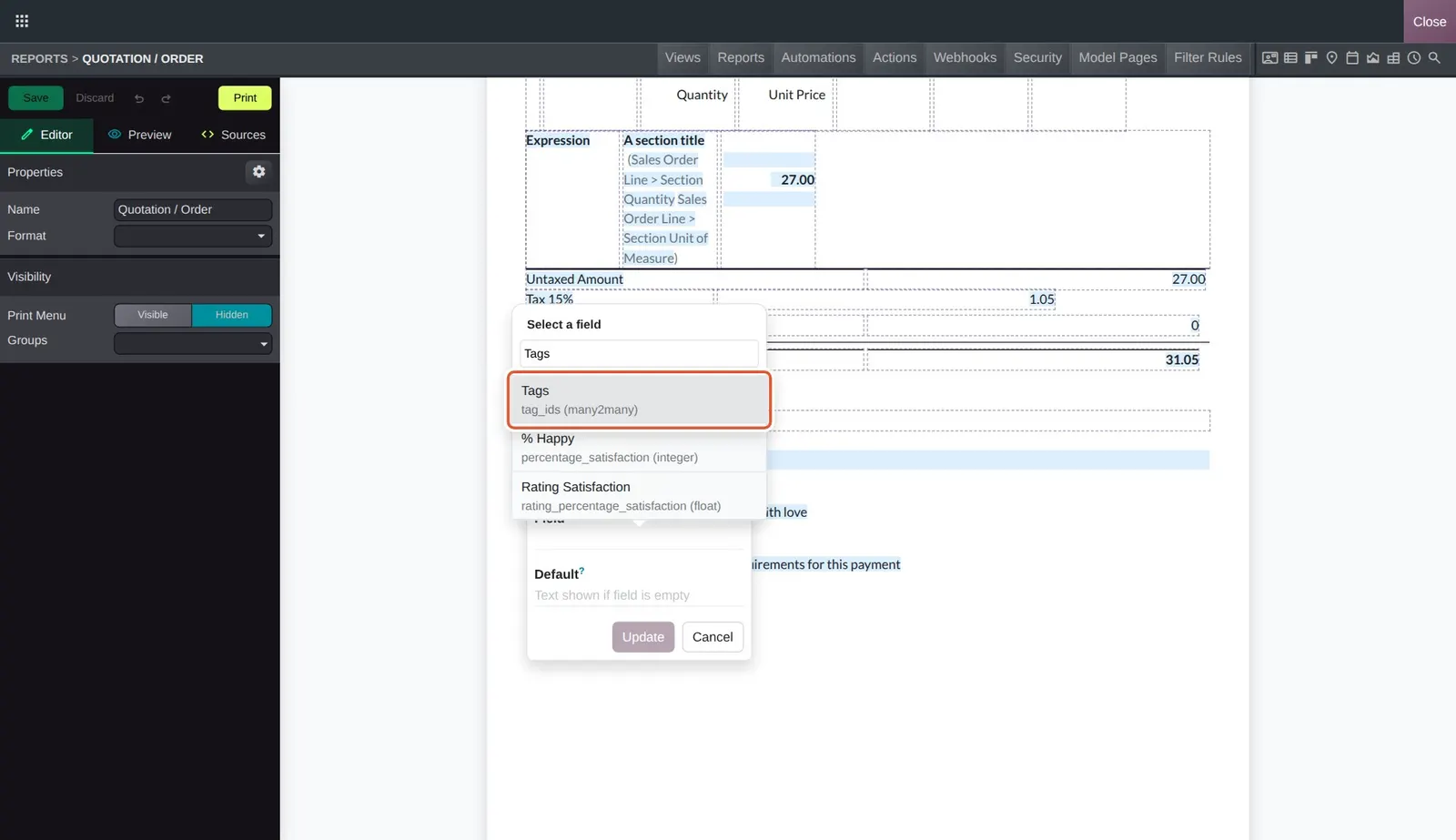 Odoo 20 Many2Many fields in PDF reports: The report editor's field selector now lists Tags, tag_ids (many2many), alongside regular fields.