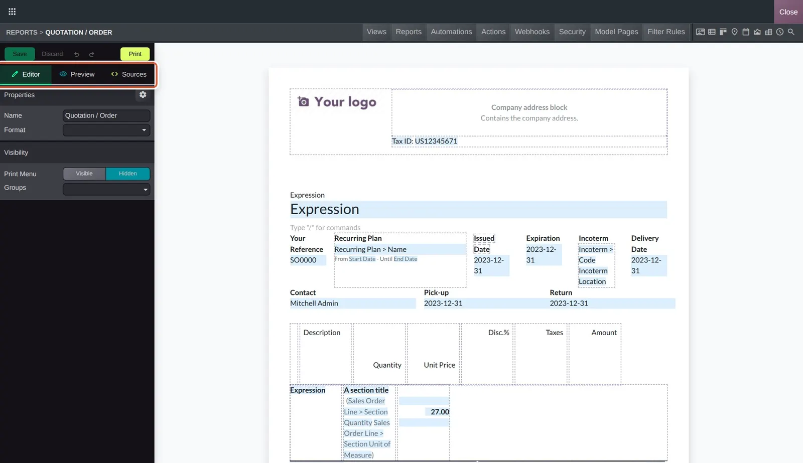 Odoo 20 Report editor: The report editor's redesigned Editor, Preview and Sources tabs.