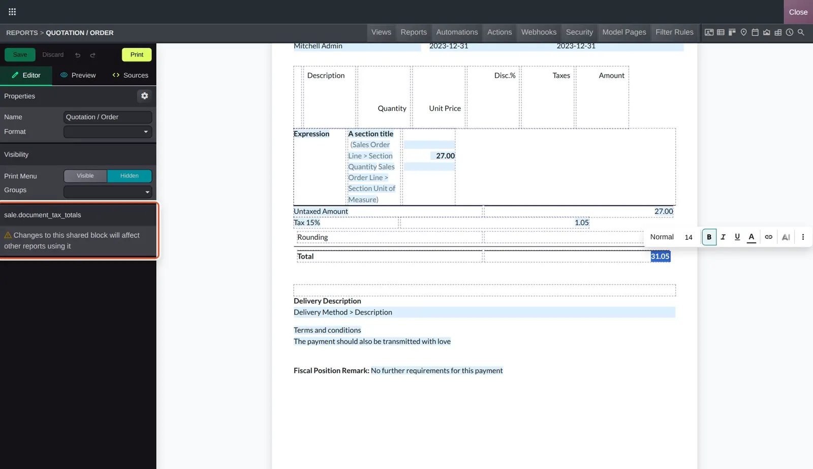 Odoo 20 Report editor: Selecting the sale.document_tax_totals block shows a warning that changes to this shared block will affect other reports using it.