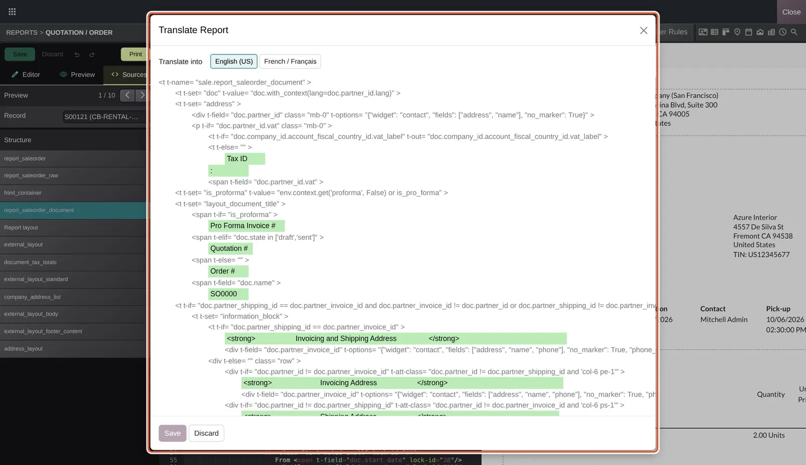 Odoo 20 Report translations: The Translate Report dialog shows the report's XML as one block, with translatable phrases like "Quotation #" and "Tax ID" highlighted.