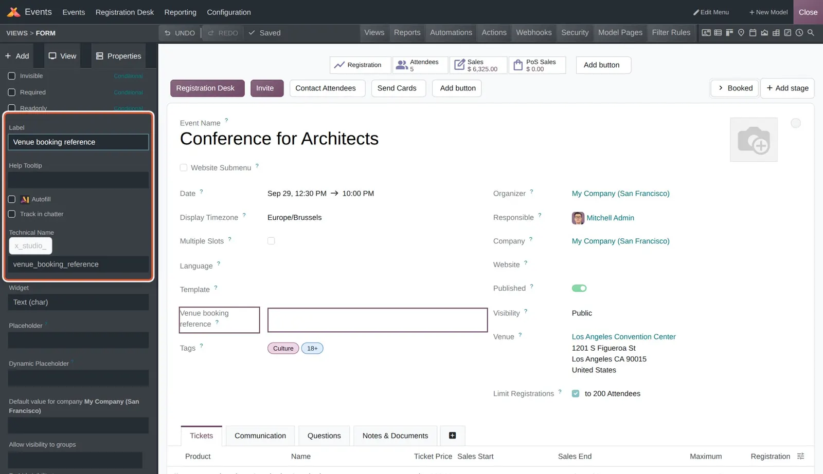 Odoo 20 User-friendly technical names: A field labeled "Venue booking reference" gets the readable technical name x_studio_venue_booking_reference.