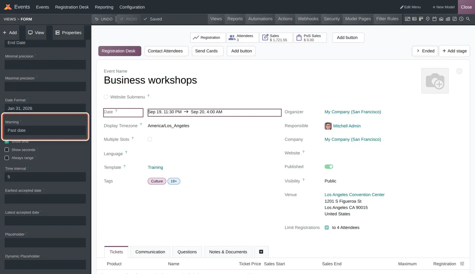 Odoo 20 Warning for past or future dates: The Date field's new Warning property set to Past date, so past event dates get a warning icon.