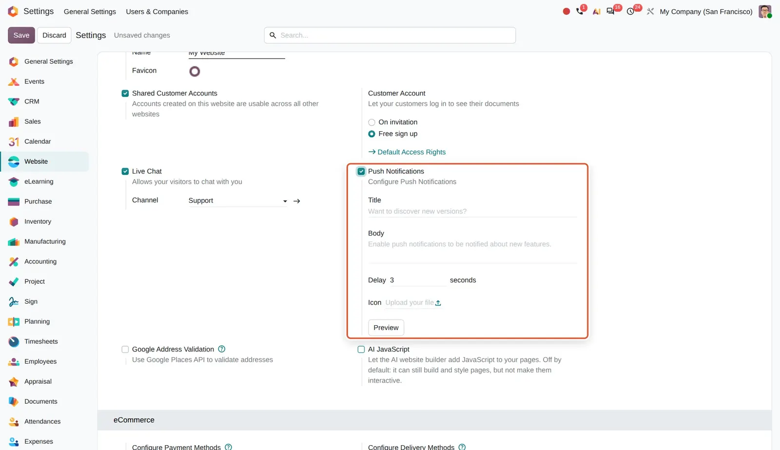 Odoo 20 Push notifications: The Push Notifications setting now only has title, body, delay and icon. There are no Firebase fields any more.