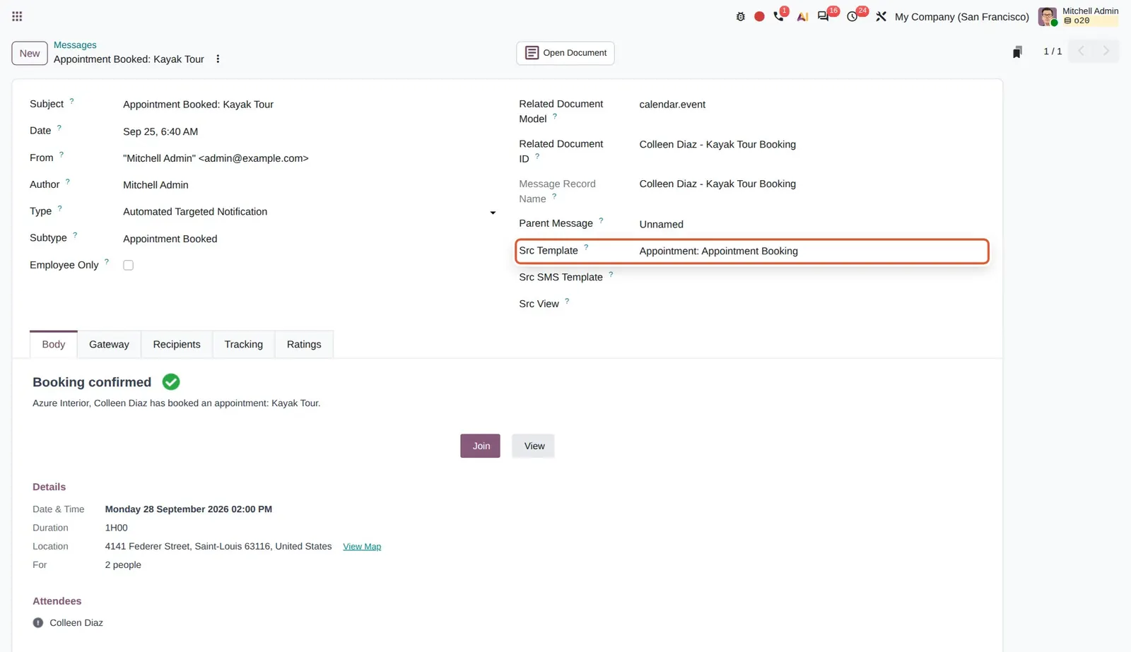 Odoo 20 Track source of postings: The "Src Template" field shows the email template that generated this message.