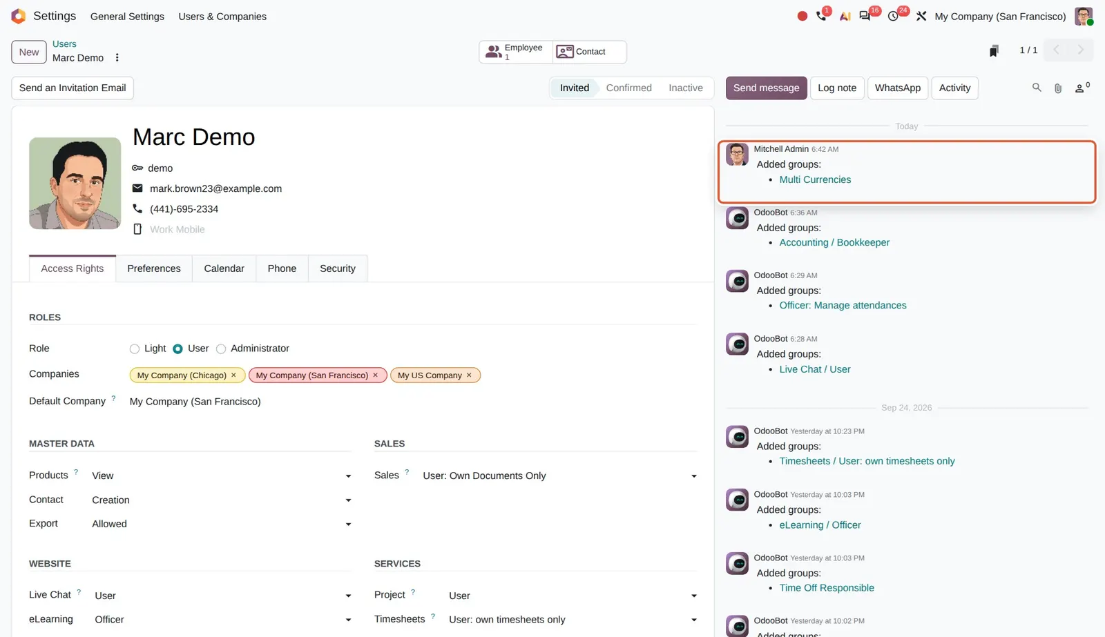 Odoo 20 Tracking user group changes: The chatter note "Added groups: Multi Currencies" logged after the user's groups were changed.