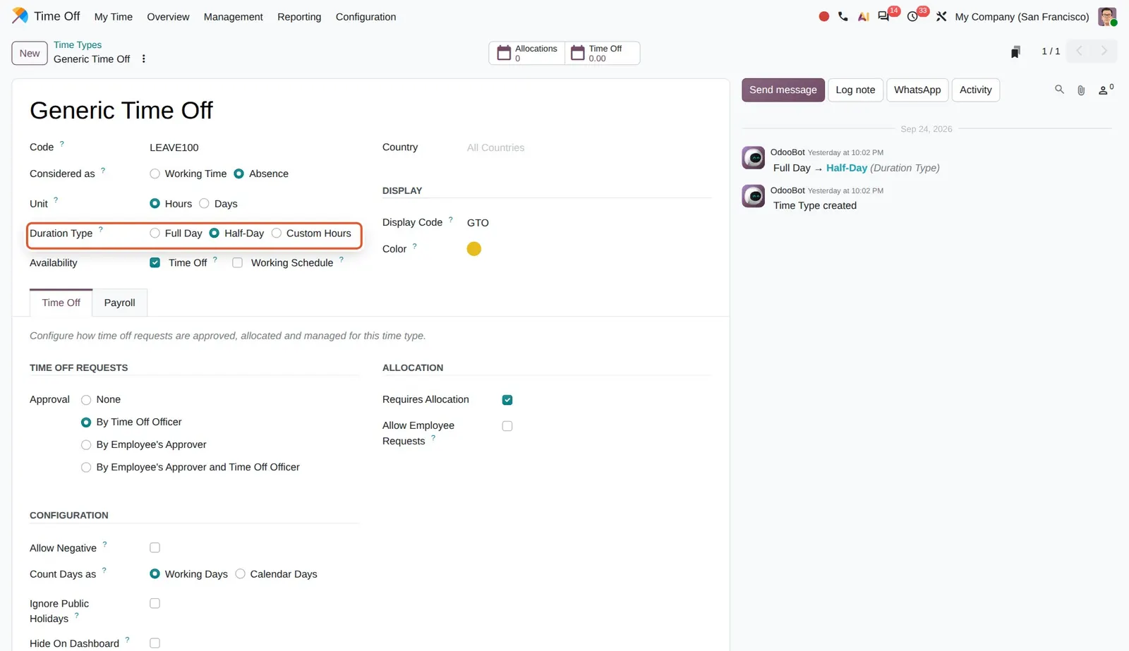 Odoo 20 Minimal amount for time-off requests: Duration Type on a time type; its help text (a native tooltip, not captured) describes it as the minimum time off duration an employee can request.
