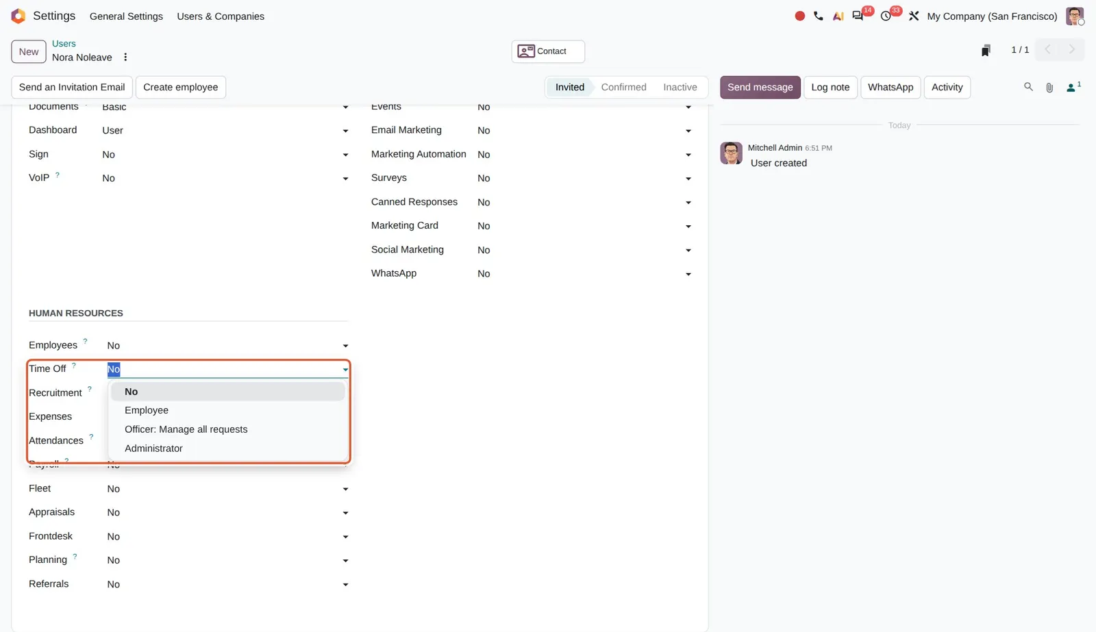 Odoo 20 Prevent app use: The Time Off right with the options No, Employee, Officer and Administrator. Demo user created for this shot.
