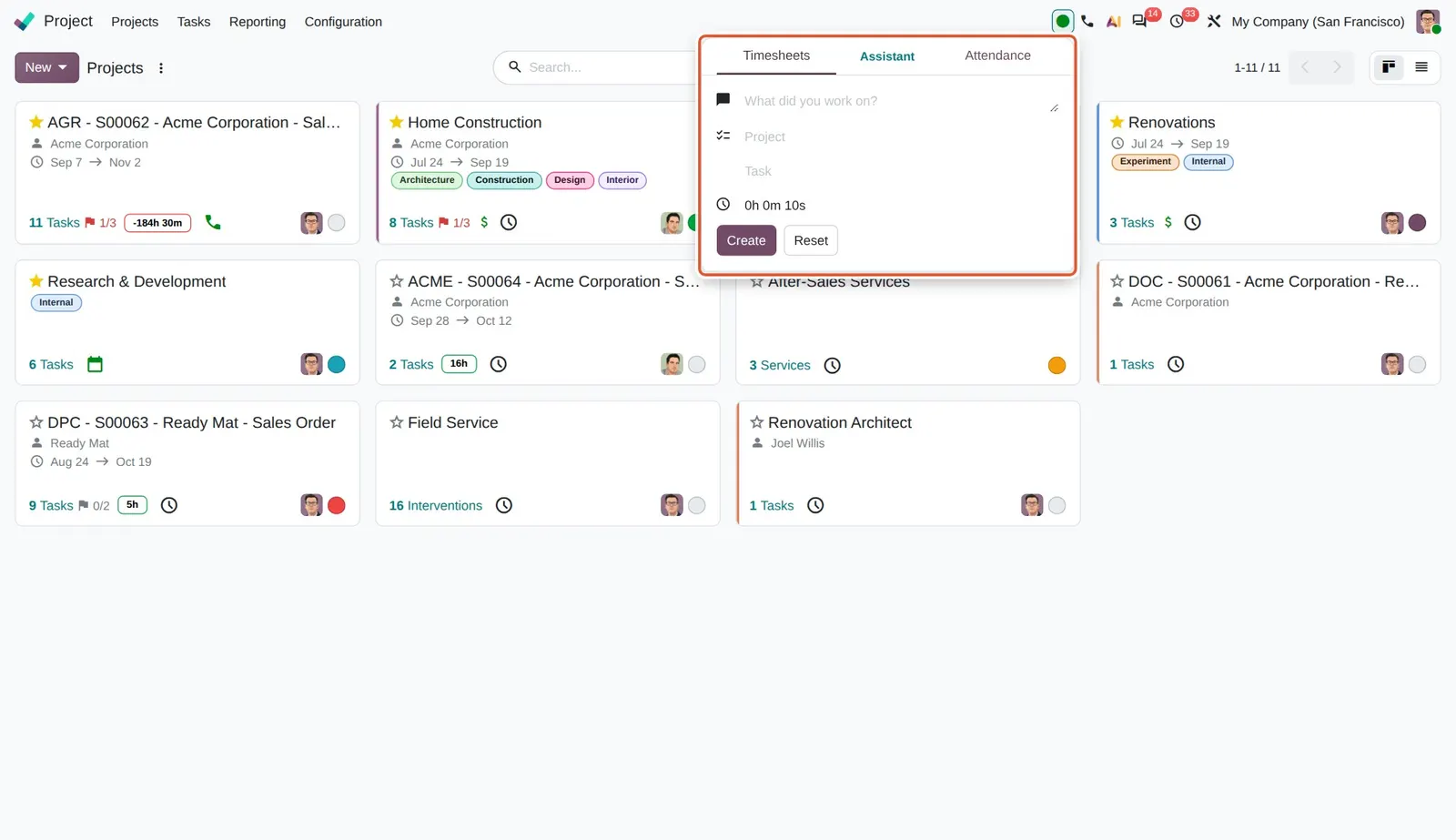 Odoo 20 Log timesheets from anywhere: The Timesheets tab of the top bar menu with the running timer and the quick create form. A short check in was done for this shot and closed afterwards.