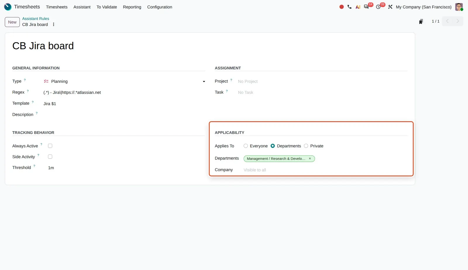 Odoo 20 Timesheet assistant: sharing rules: The Applicability group of an assistant rule: Everyone, Departments or Private. Demo rule created for this shot.