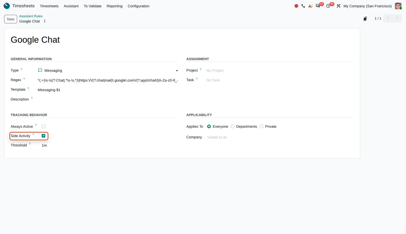 Odoo 20 Timesheet assistant: side activities: Side Activity is enabled on the Google Chat demo rule.