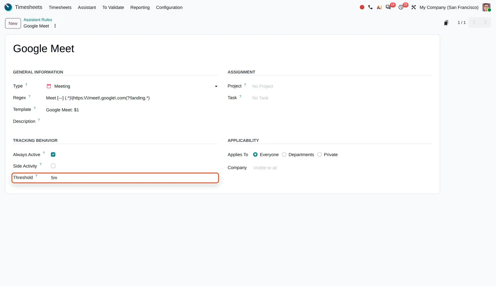 Odoo 20 Timesheet assistant: time thresholds: The Threshold of the Google Meet rule set to 5 minutes for this shot (reset to 1 afterwards).