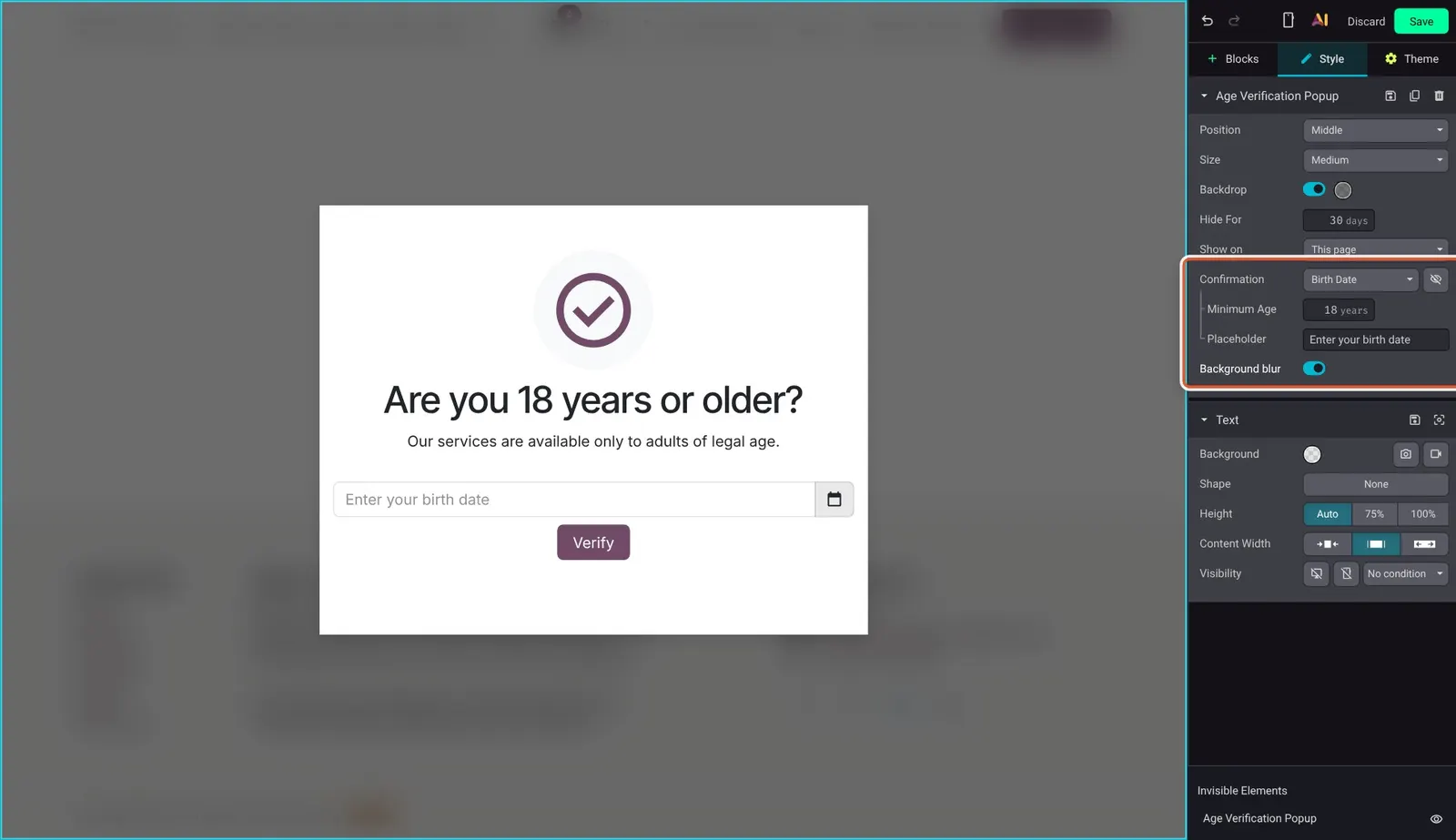 Odoo 20 Age verification popup: The popup options: Confirmation by Birth Date, the Minimum Age (18 years), the placeholder and the background blur toggle.