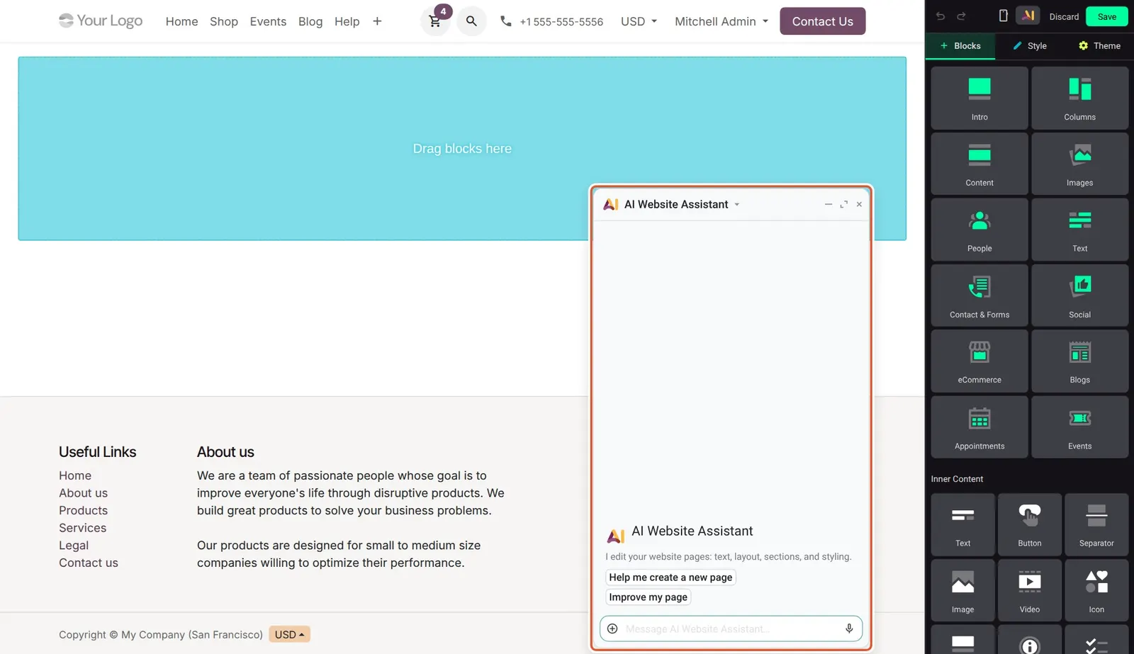 Odoo 20 AI Website Assistant: The AI Website Assistant chat opened from the website editor.