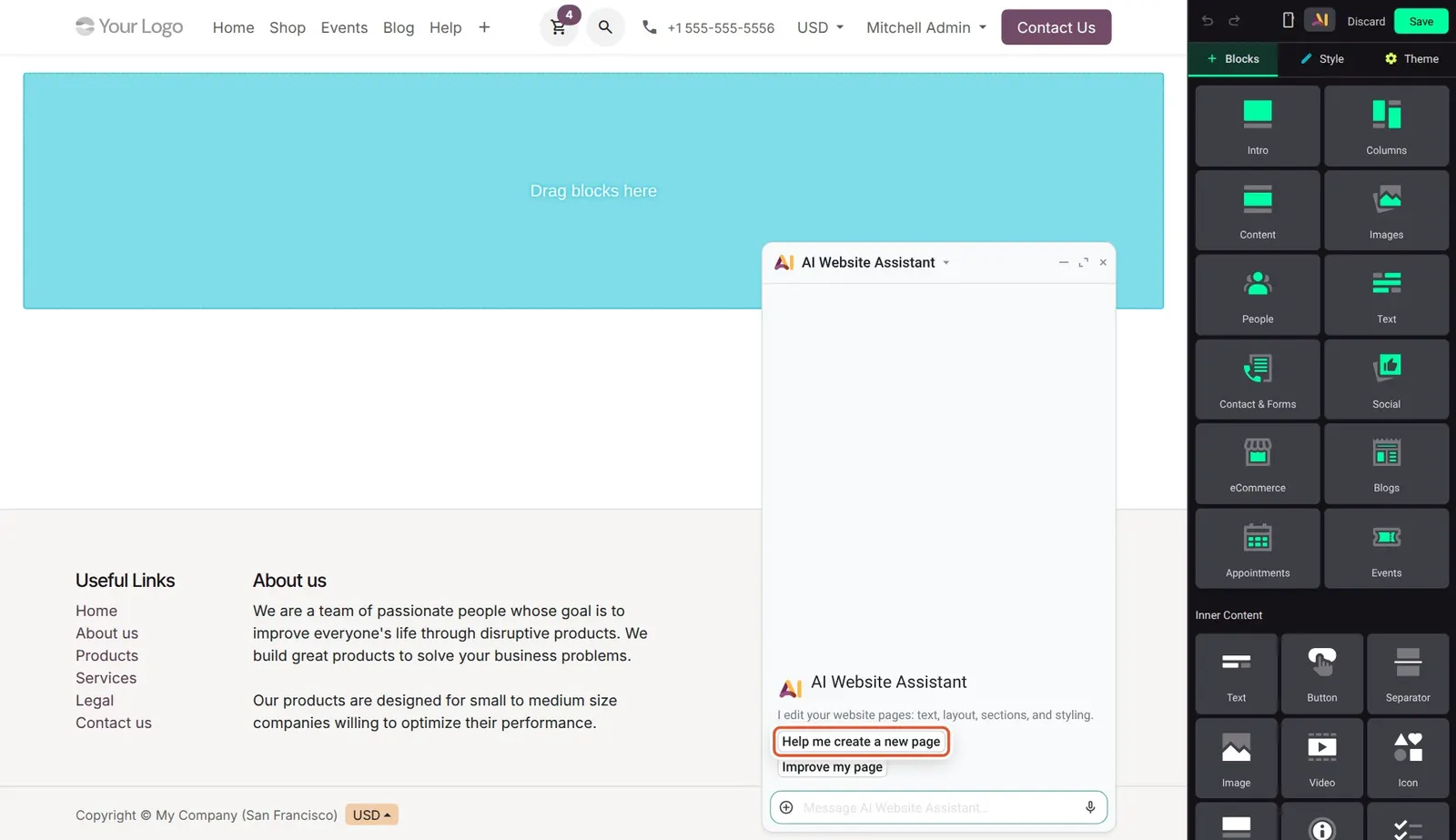Odoo 20 AI Website Assistant: The ready "Help me create a new page" prompt in the assistant chat.