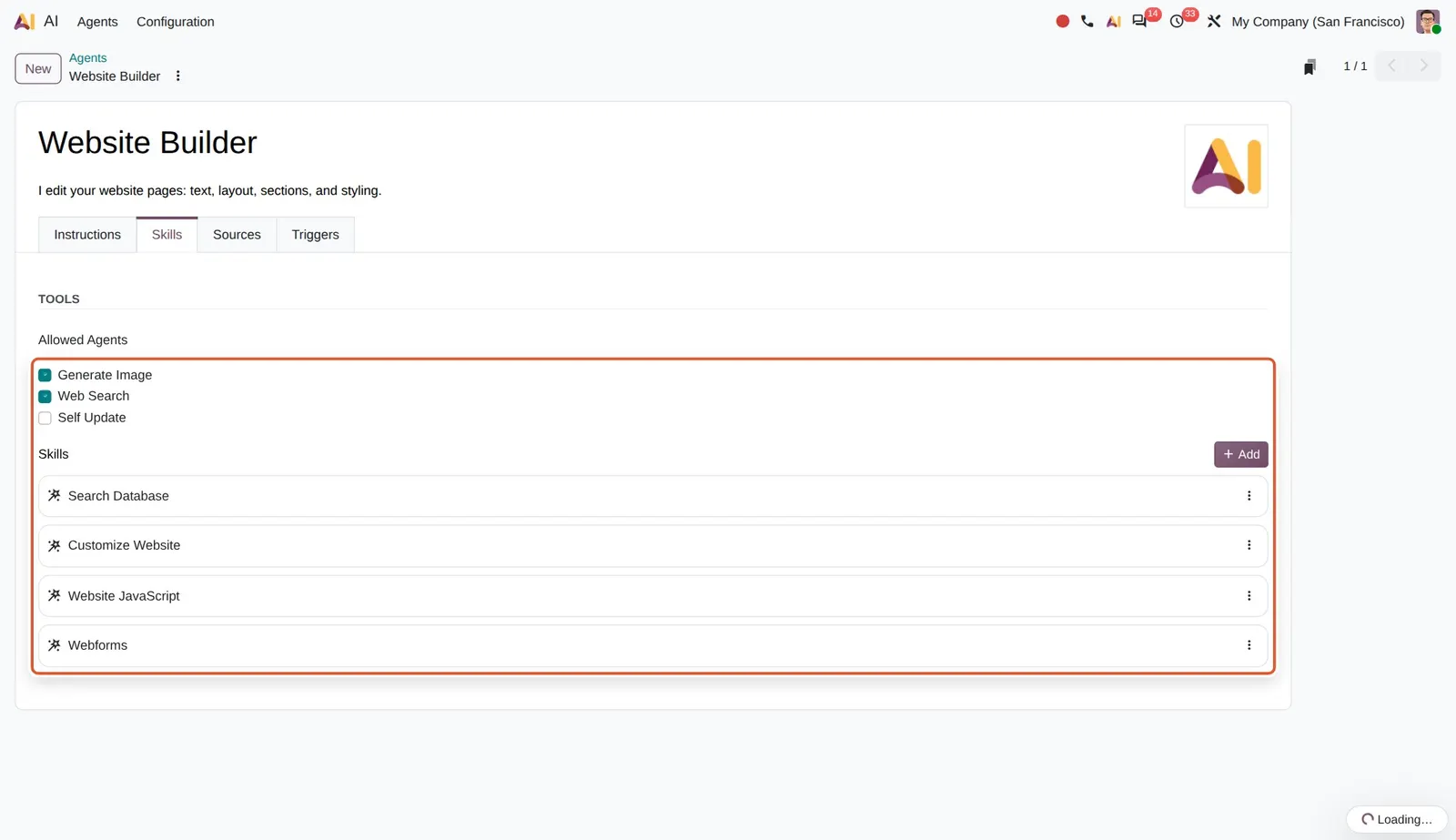 Odoo 20 AI Website Assistant: The Website Builder agent: image generation, web search, database search and Website JavaScript skills.
