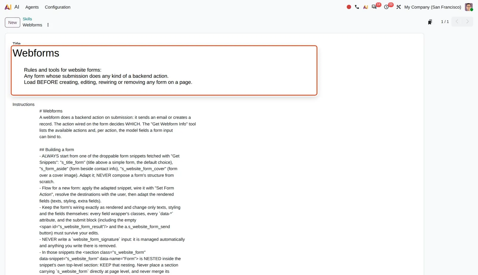 Odoo 20 AI Website Assistant: The Webforms skill used when the assistant creates or edits a form.