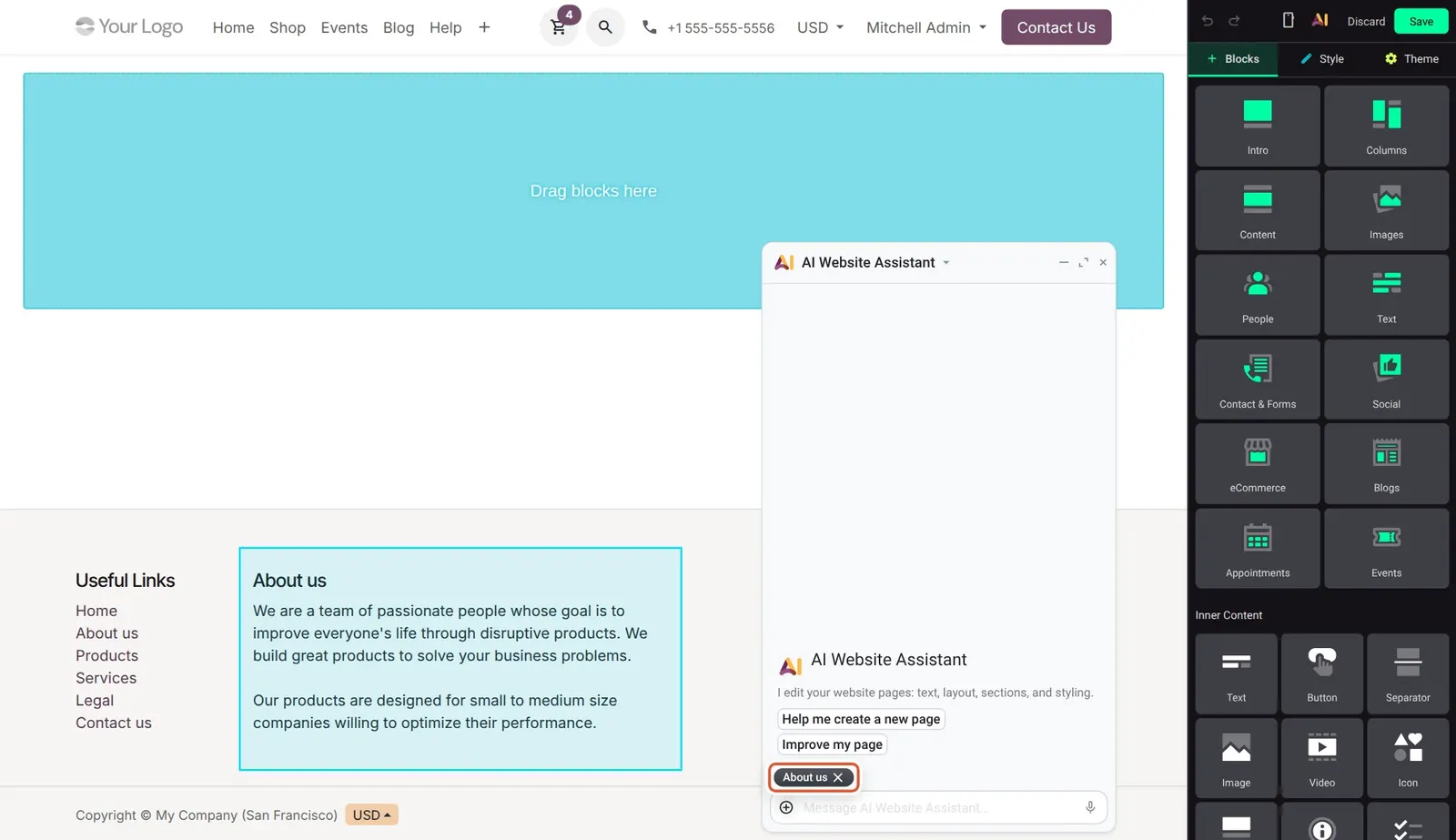 Odoo 20 AI Website Assistant: The "About us" footer column was picked with Select Elements and shows as a chip above the message box.