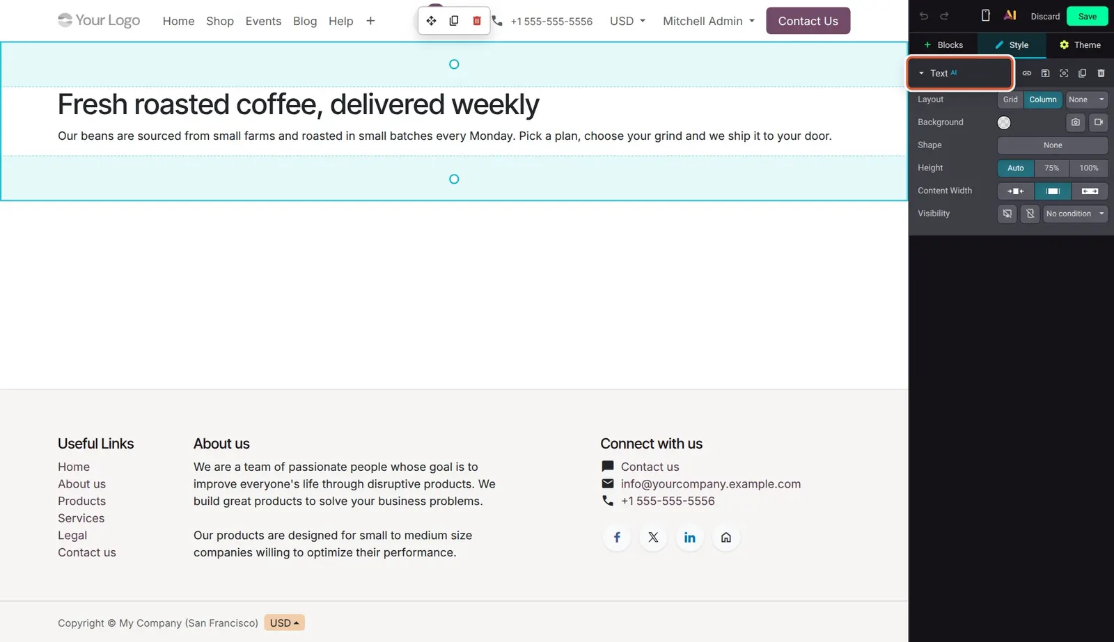 Odoo 20 AI-generated content indicator: The "AI" mark next to the block name shows the block contains AI content. Its tooltip cannot be captured.