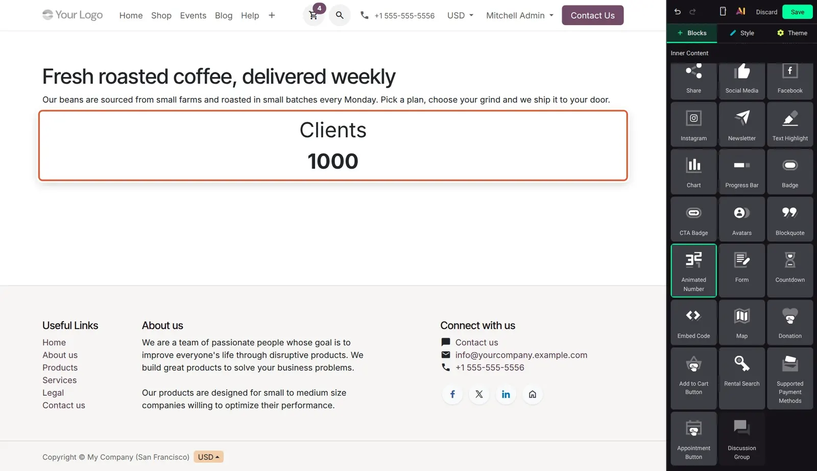 Odoo 20 Animated number building block: The Animated Number block dropped under a text: the title "Clients" and the counted value 1000.