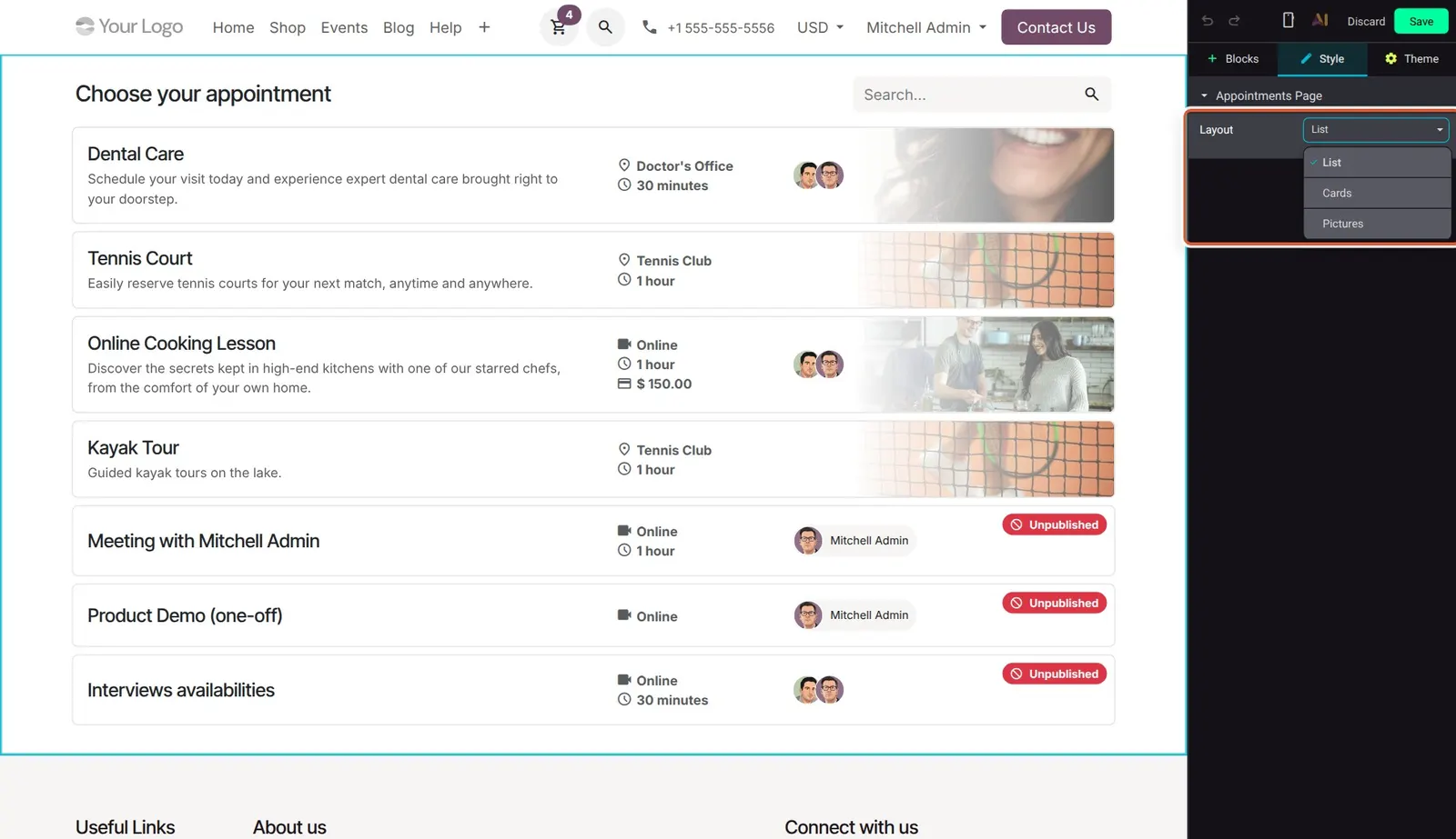 Odoo 20 Appointment page layout: The Layout options for the appointment page: List, Cards and Pictures.