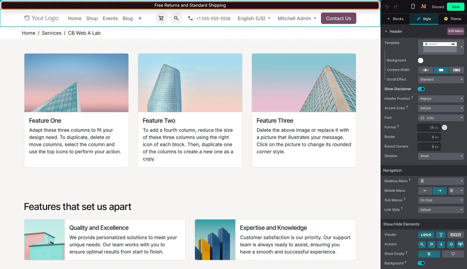 Odoo 20 Banners: The disclaimer banner shown above the header after switching on Show Disclaimer.