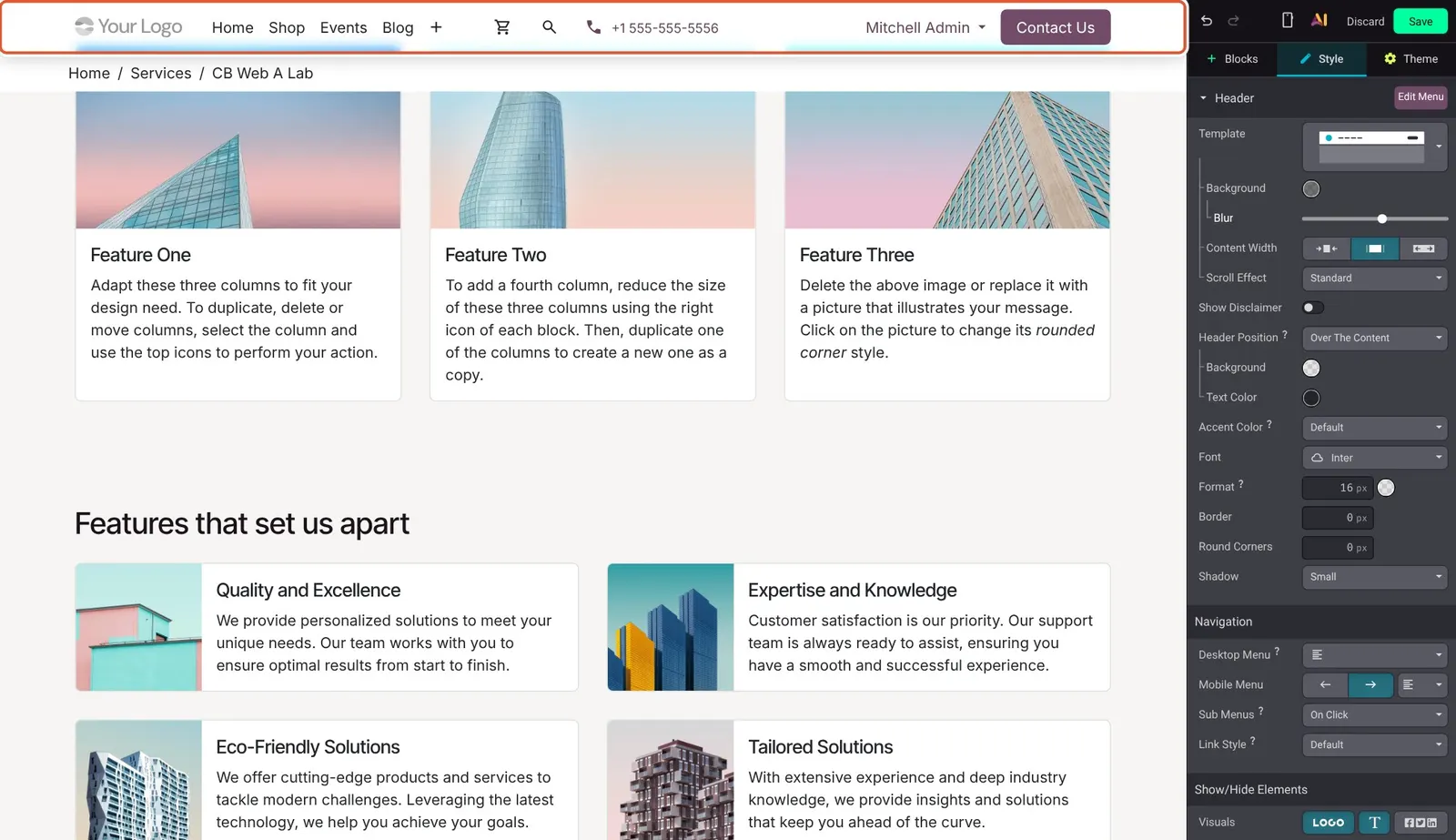 Odoo 20 Blurred headers: A header with Over The Content position, a translucent background and Blur applied, showing the page image behind it softened.