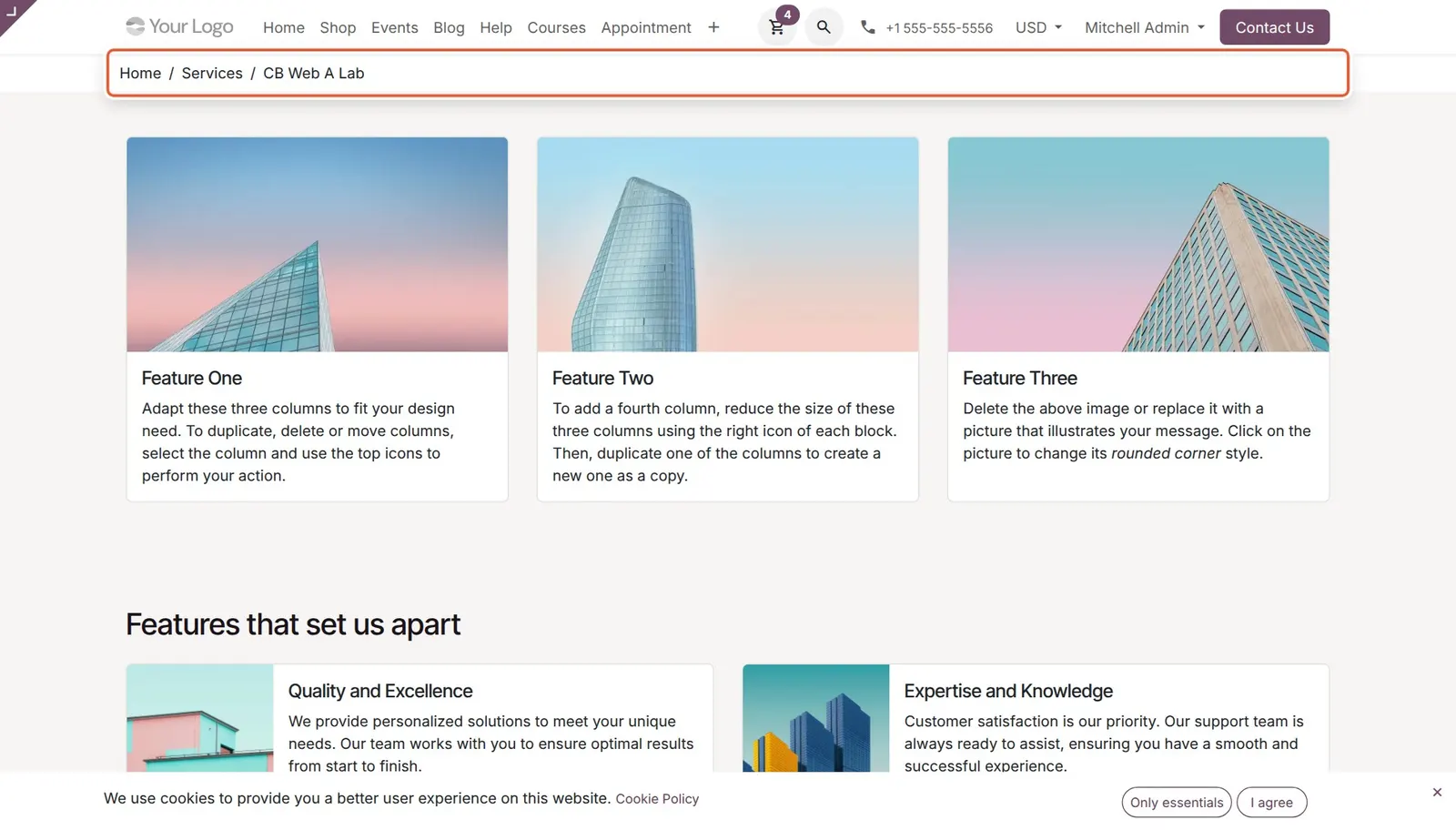 Odoo 20 Breadcrumbs on static pages: The breadcrumb trail shown above a static page's content.