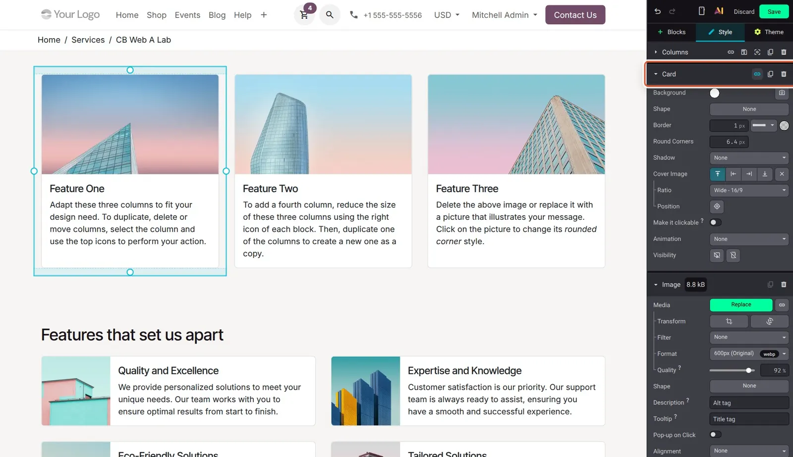 Odoo 20 Card and column anchors: The Card options panel with the anchor (link) icon used to create and copy a link to this card.