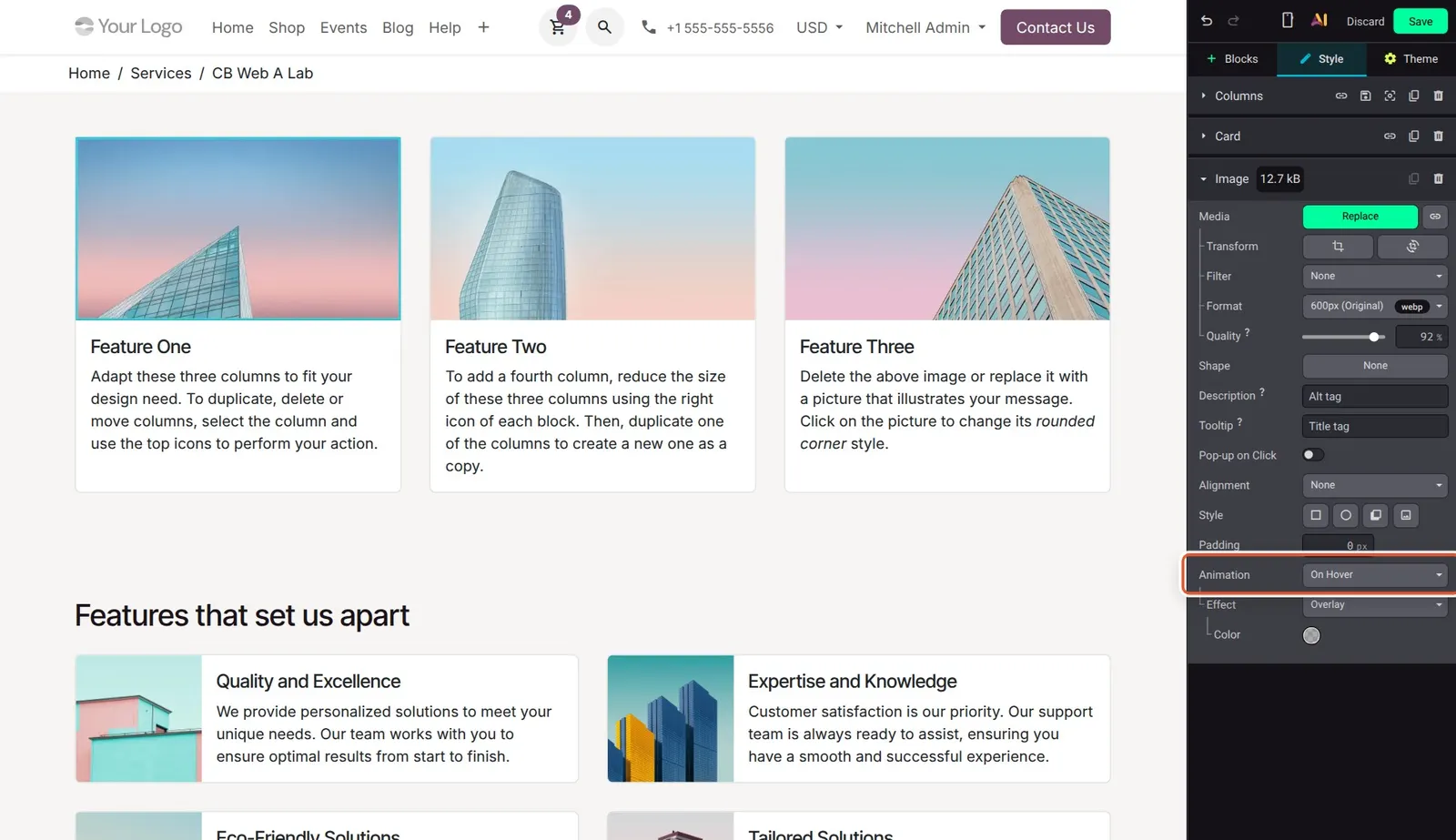 Odoo 20 Card enhancements: A card's cover image with Animation set to On Hover and an Overlay effect selected.