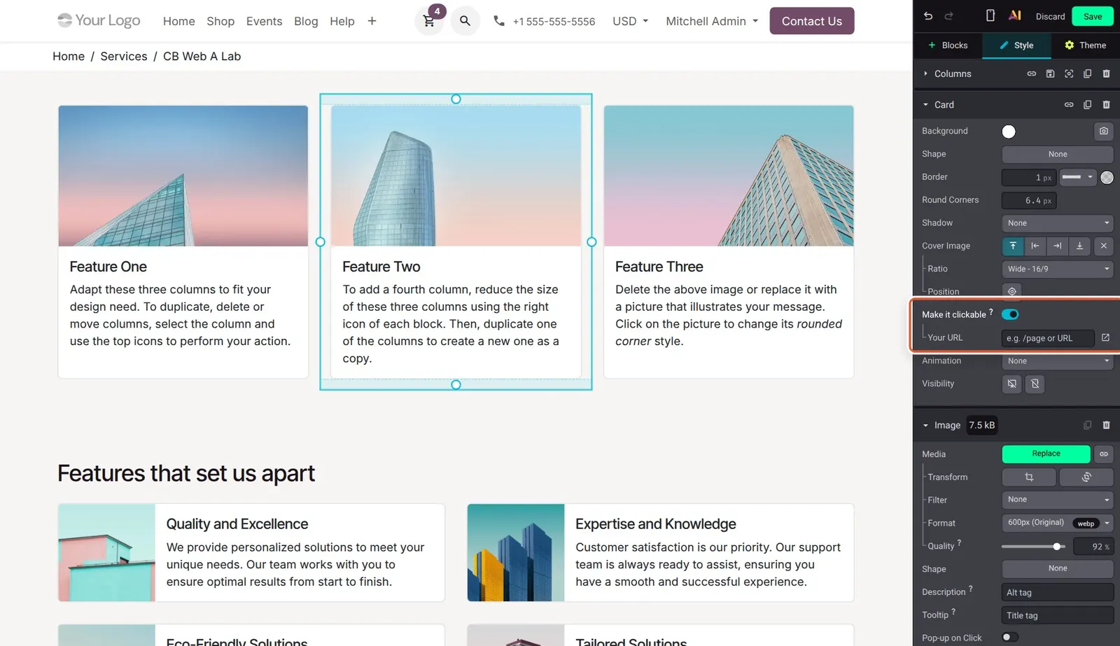 Odoo 20 Card enhancements: A card with Make it clickable turned on and a URL entered in Your URL.
