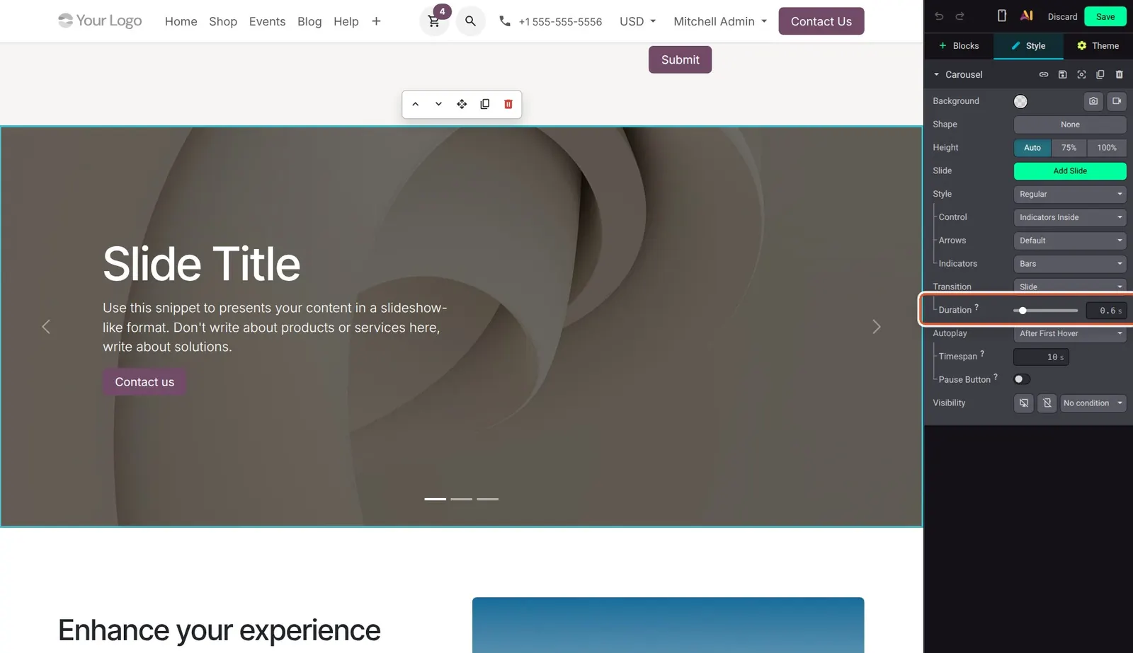 Odoo 20 Carousel transition: The Carousel panel with the new Duration range shown under Transition.