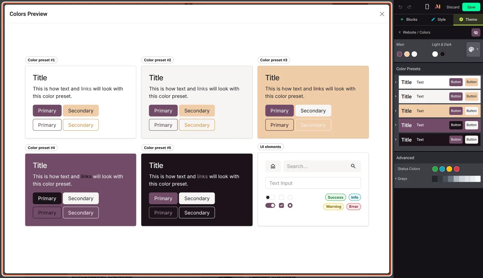 Odoo 20 Color palette preview: The Colors Preview dialog showing all five color presets and UI elements rendered on demo content.