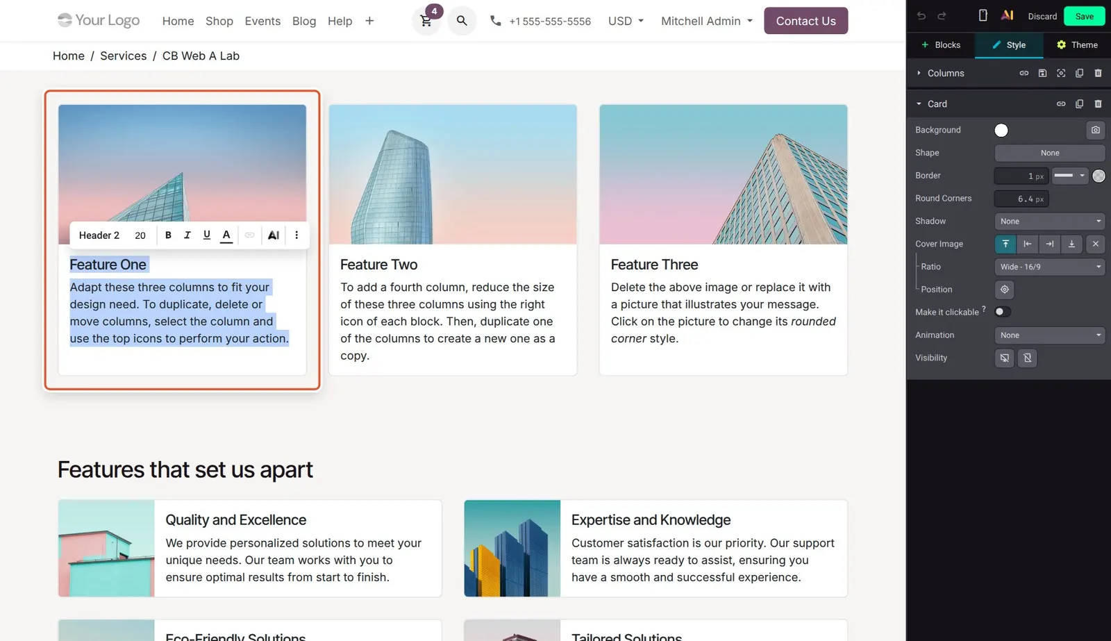 Odoo 20 Column content selection: A column's heading and paragraph both highlighted after pressing Ctrl+A inside it, while the other columns stay unselected.