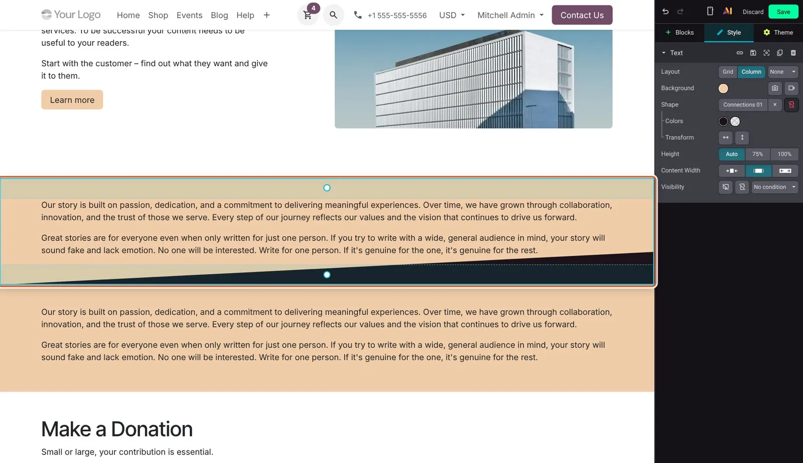 Odoo 20 Connection shape color: A section with a Connections shape applied, its dark and light areas matching the section's own background color.